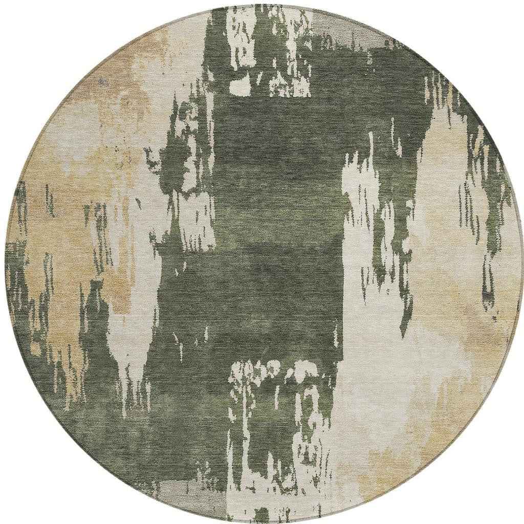 8' Olive Green Ivory And Tan Round Abstract Washable Indoor Outdoor Area Rug