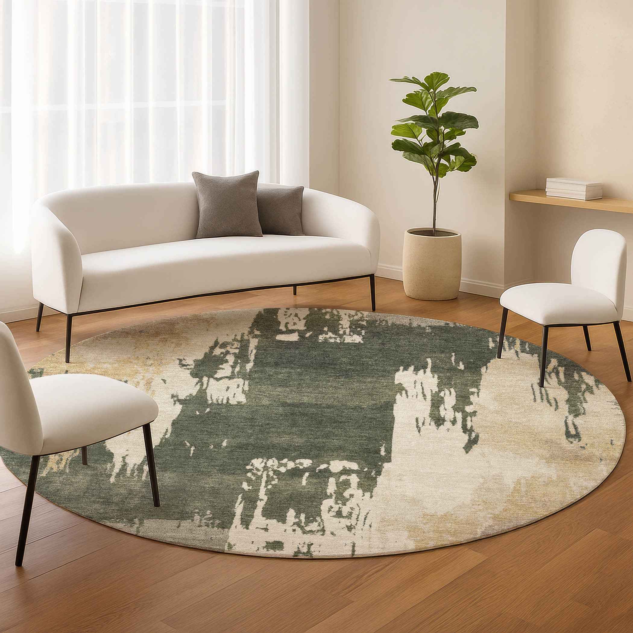 8' Olive Green Ivory And Tan Round Abstract Washable Indoor Outdoor Area Rug