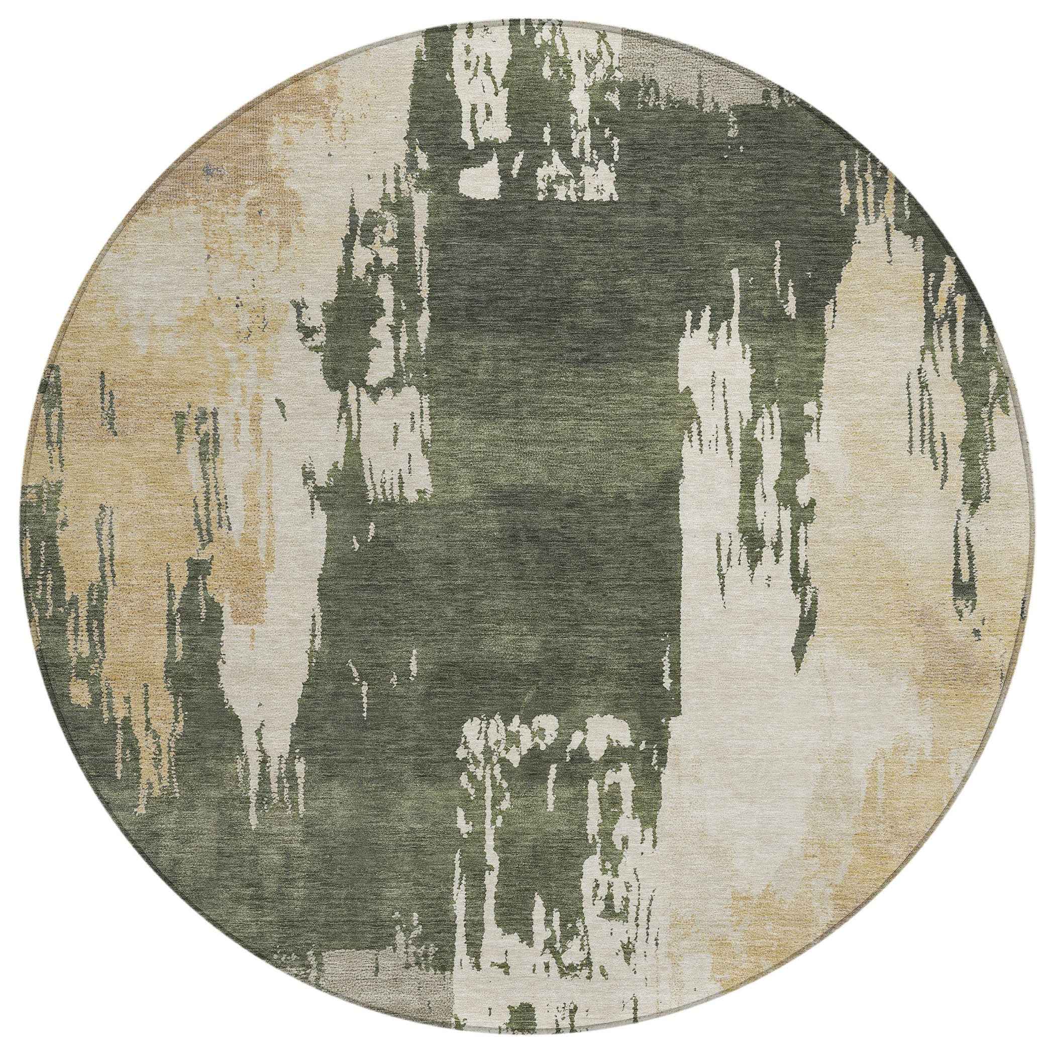 8' Olive Green Ivory And Tan Round Abstract Washable Indoor Outdoor Area Rug