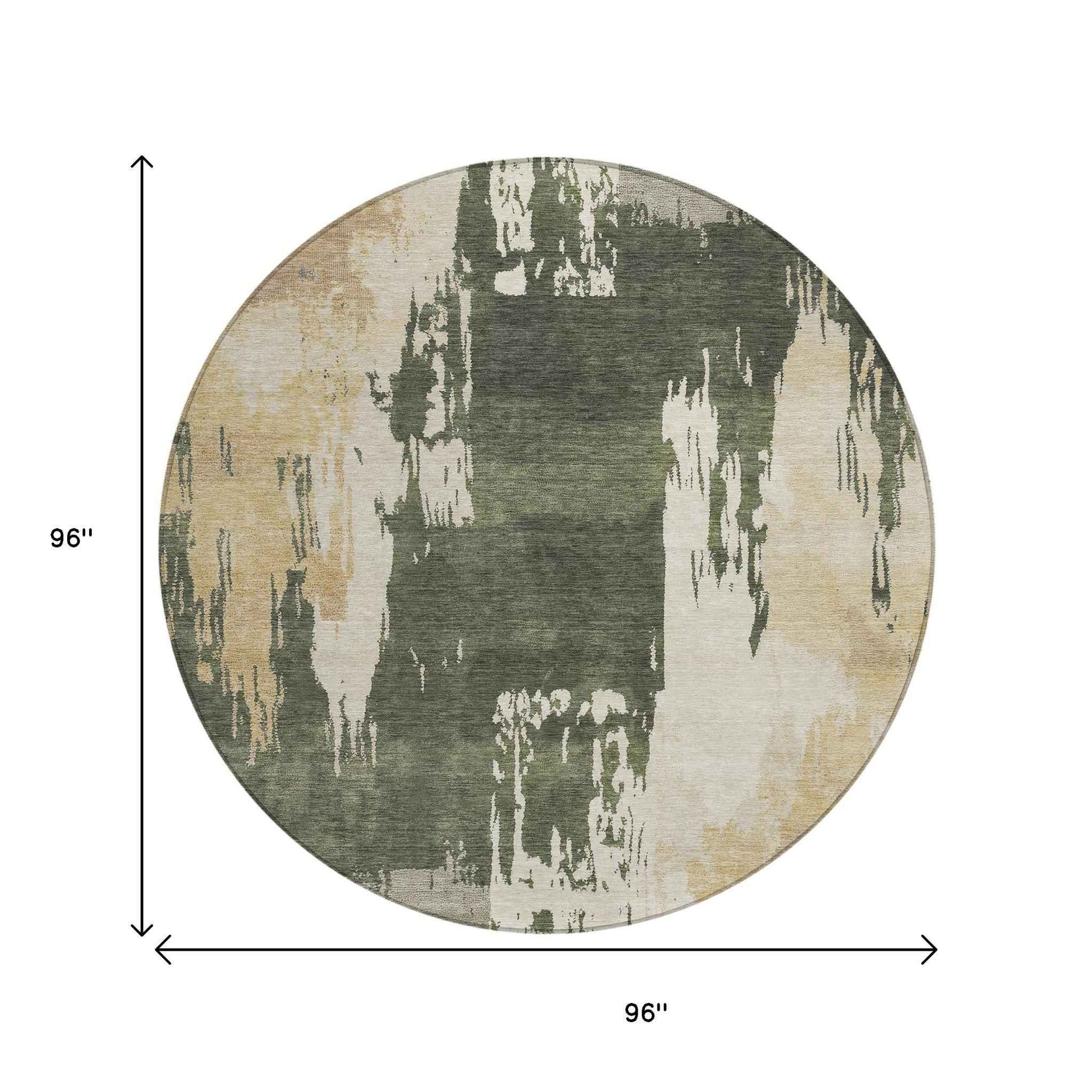 8' Olive Green Ivory And Tan Round Abstract Washable Indoor Outdoor Area Rug