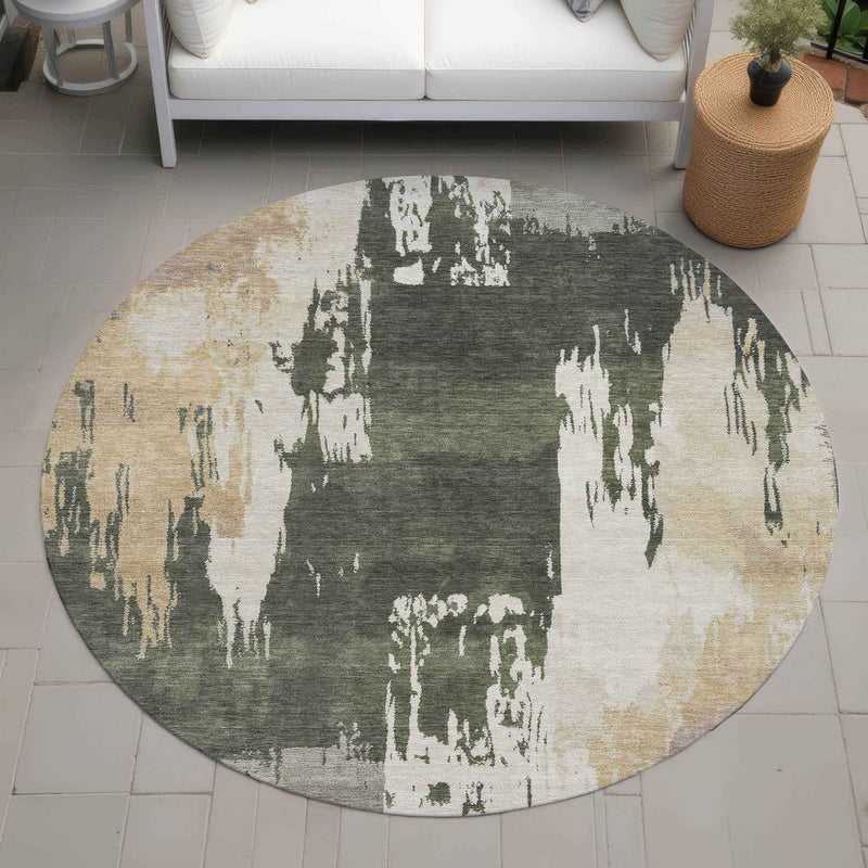 8' Olive Green Ivory And Tan Round Abstract Washable Indoor Outdoor Area Rug