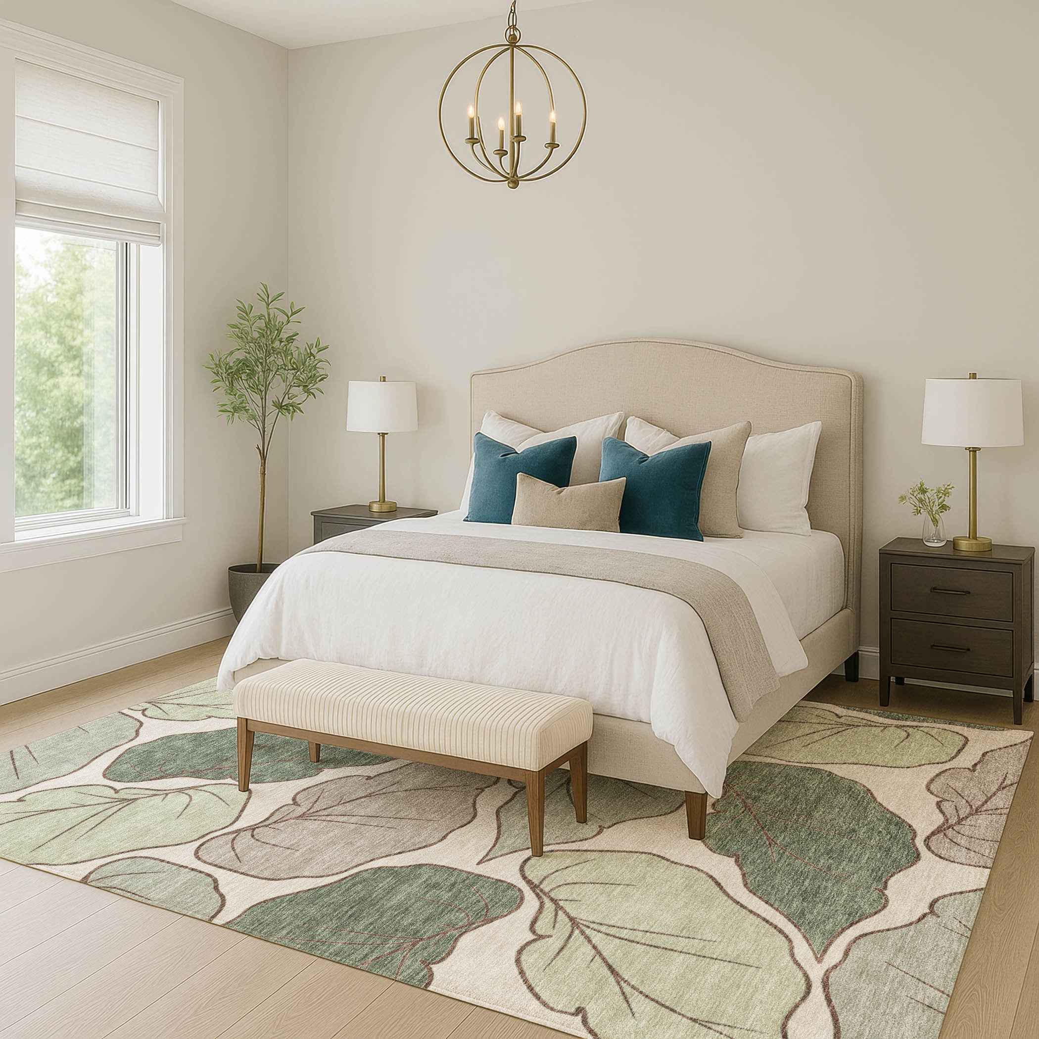 3' X 5' Fern Green And Ivory Botanical Leaves Washable Indoor Outdoor Area Rug