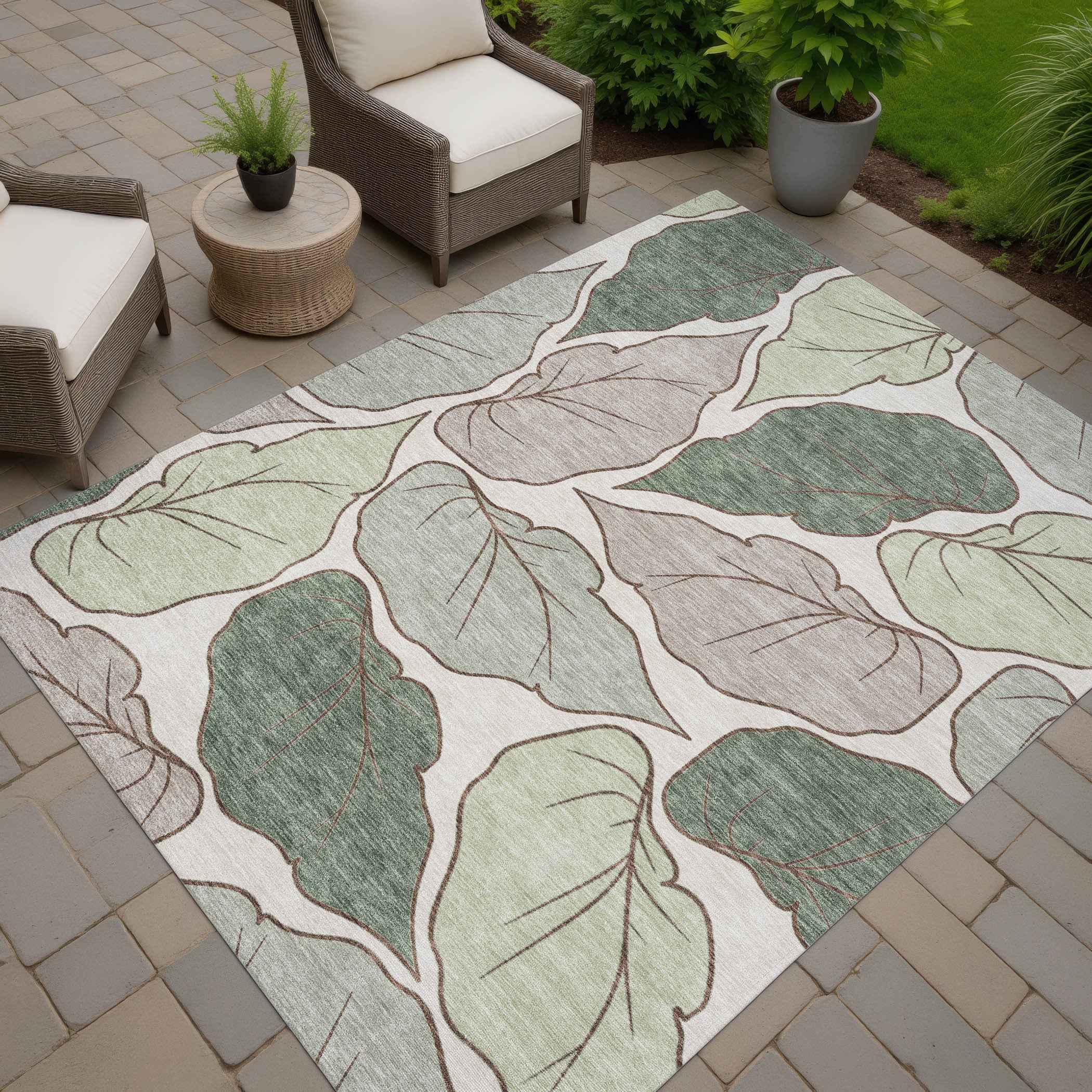 3' X 5' Fern Green And Ivory Botanical Leaves Washable Indoor Outdoor Area Rug