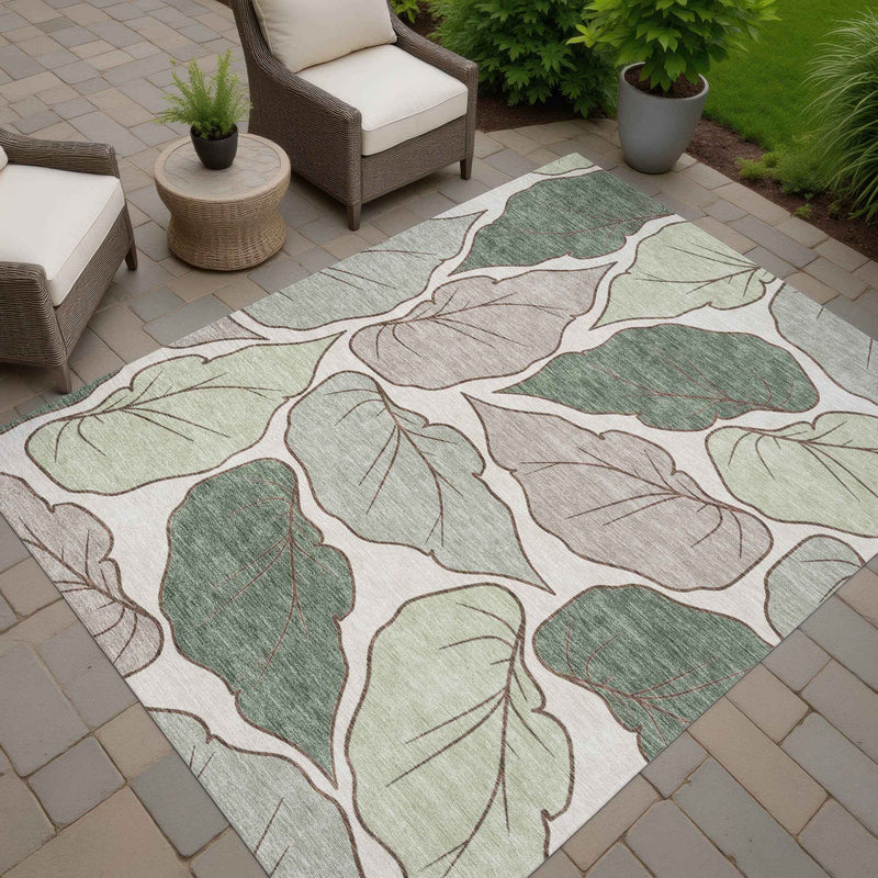 3' X 5' Fern Green And Ivory Botanical Leaves Washable Indoor Outdoor Area Rug