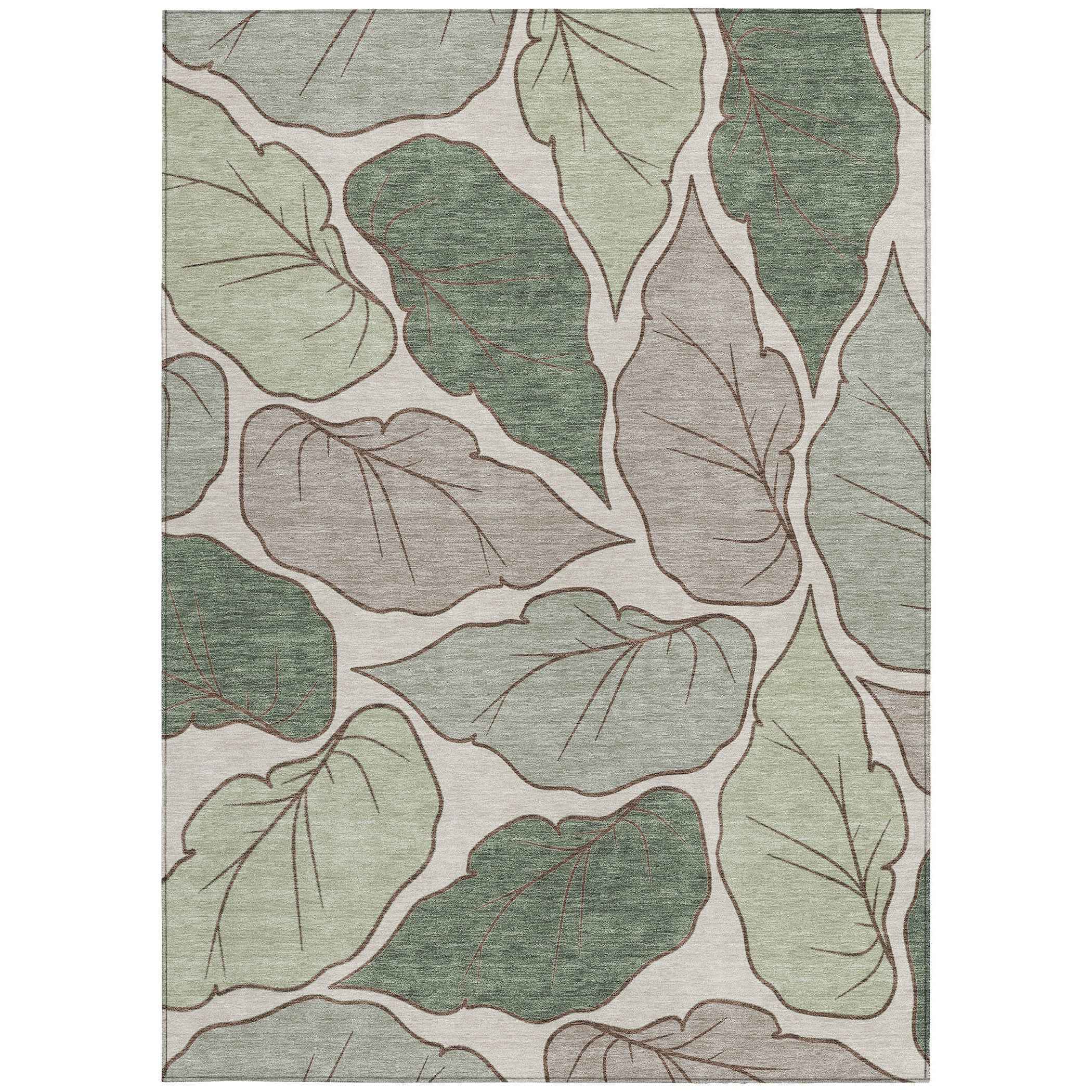 3' X 5' Fern Green And Ivory Botanical Leaves Washable Indoor Outdoor Area Rug