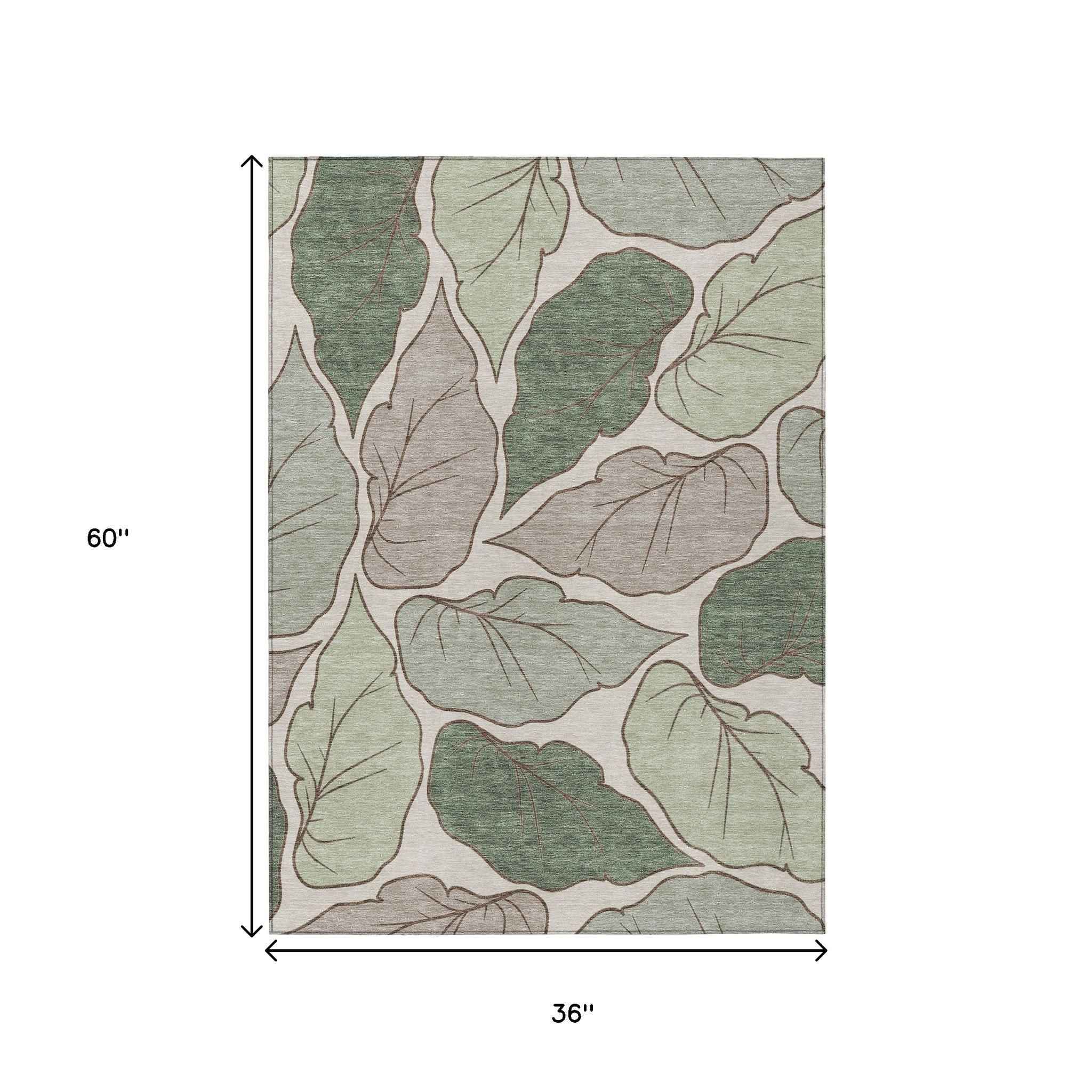 3' X 5' Fern Green And Ivory Botanical Leaves Washable Indoor Outdoor Area Rug
