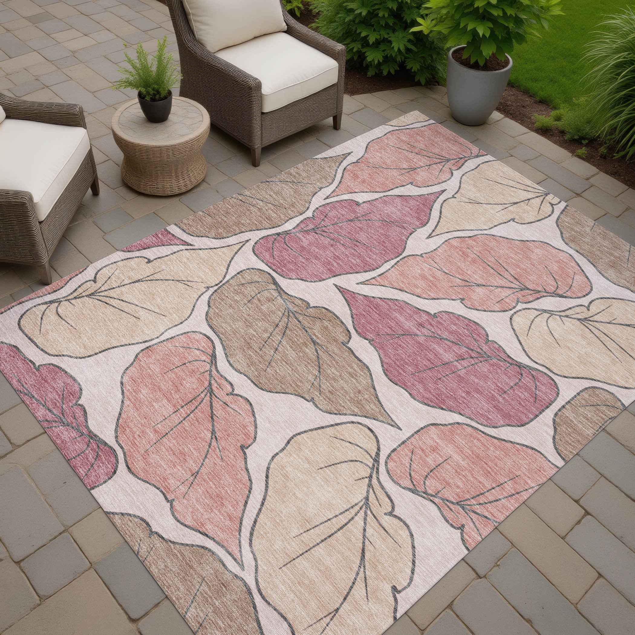 5' X 8' Blush And Ivory Botanical Leaves Washable Indoor Outdoor Area Rug