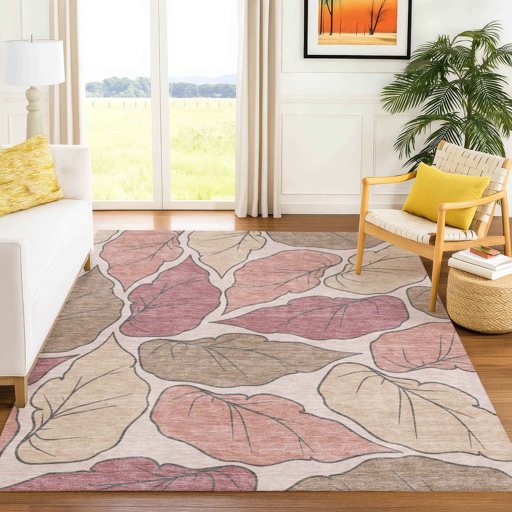5' X 8' Blush And Ivory Botanical Leaves Washable Indoor Outdoor Area Rug
