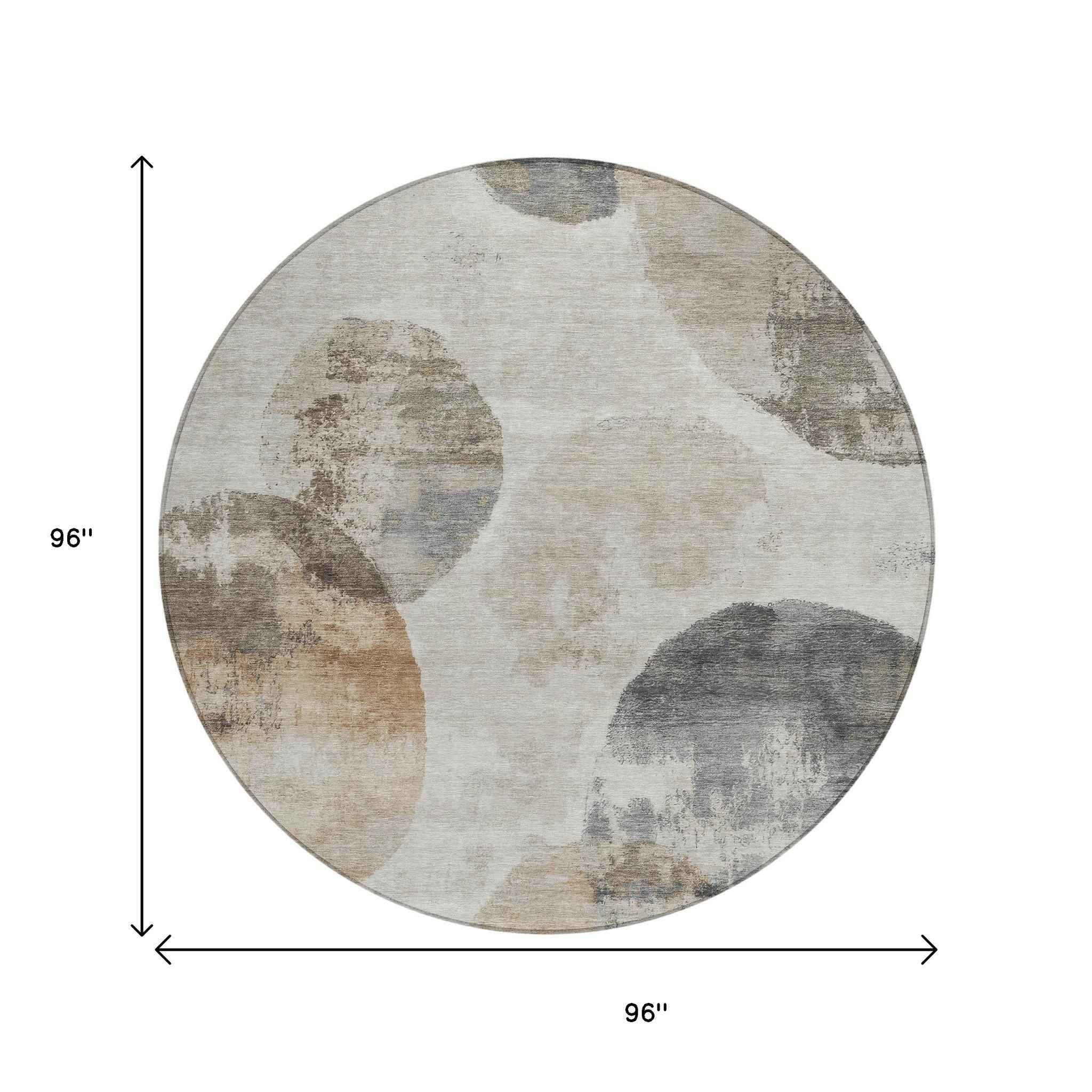 8' Taupe Ivory And Beige Round Abstract Washable Indoor Outdoor Area Rug