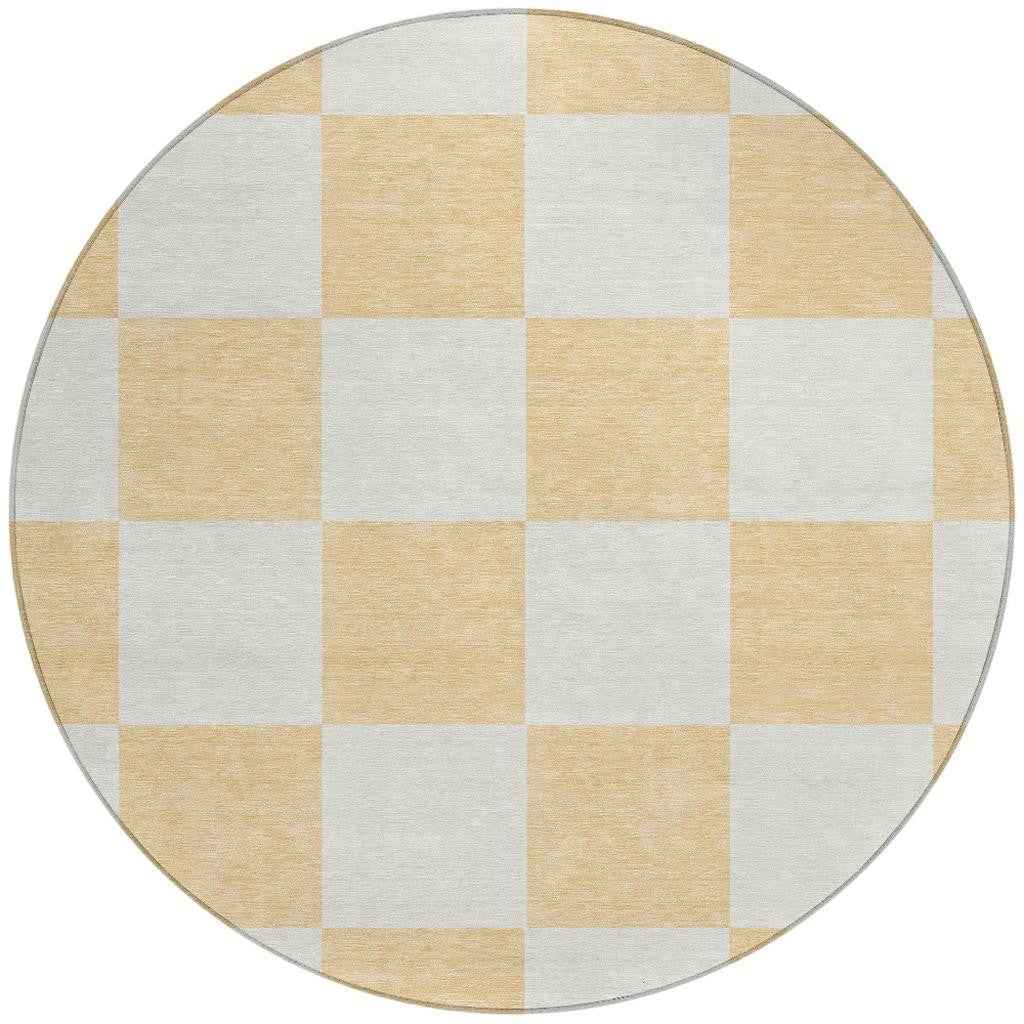 8' Peach And Beige Round Geometric Washable Indoor Outdoor Area Rug