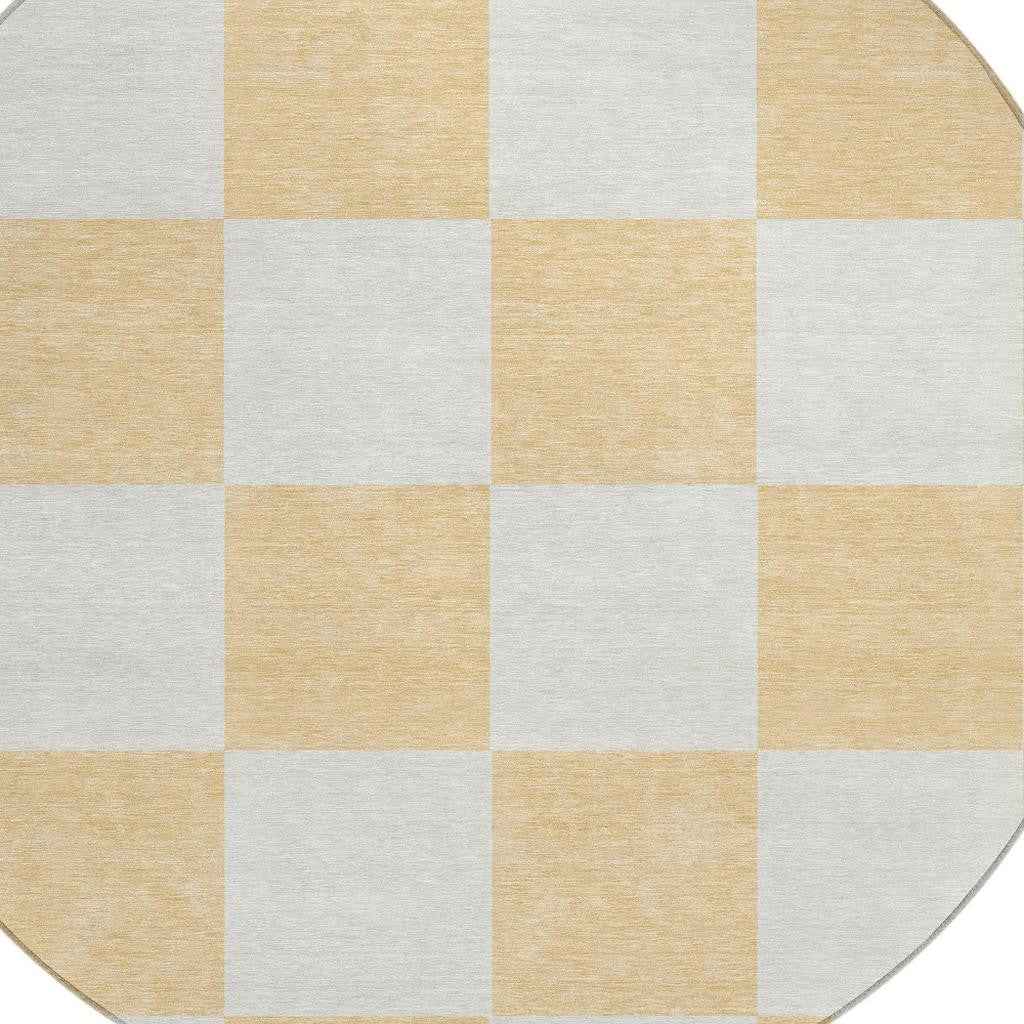 8' Peach And Beige Round Geometric Washable Indoor Outdoor Area Rug