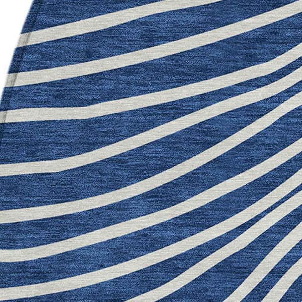 8' Navy Blue And Ivory Round Striped Washable Indoor Outdoor Area Rug