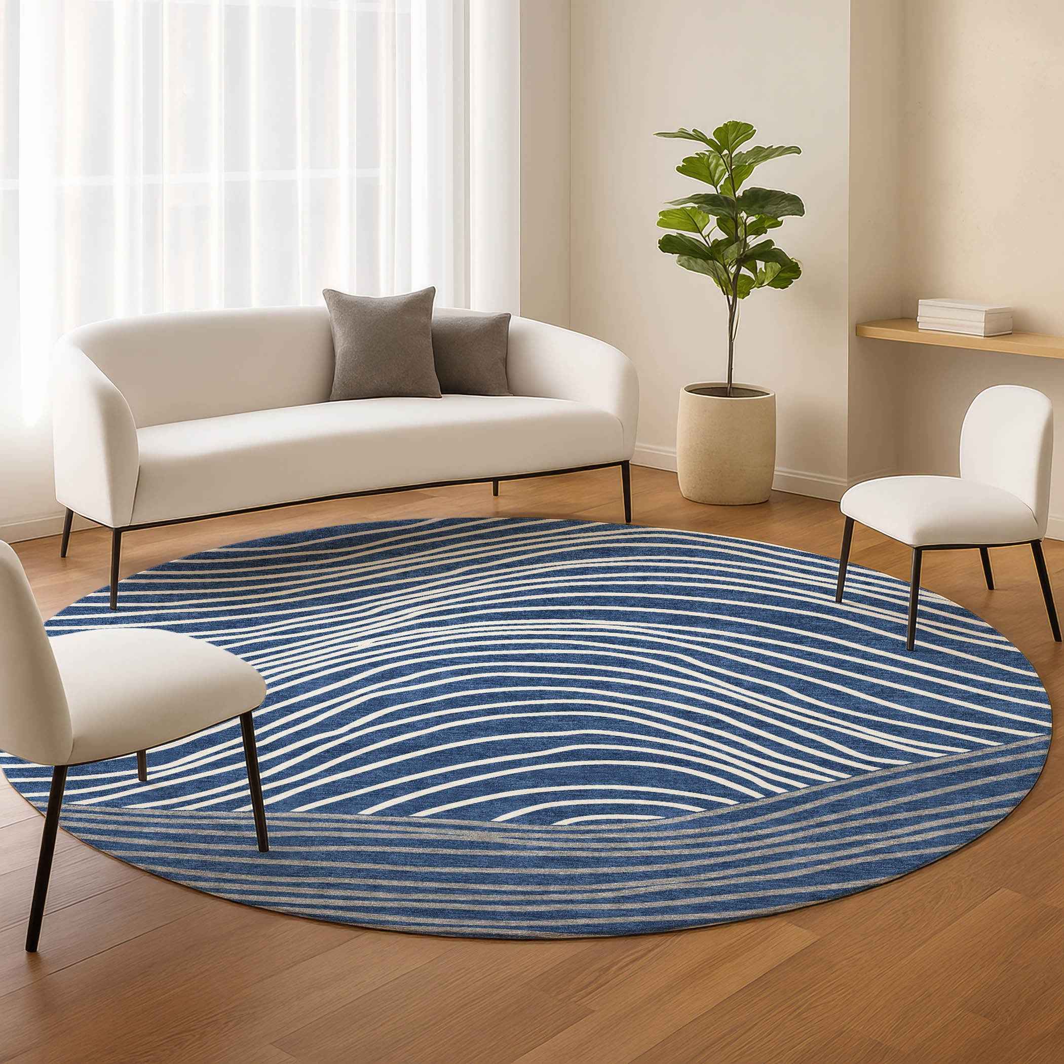 8' Navy Blue And Ivory Round Striped Washable Indoor Outdoor Area Rug