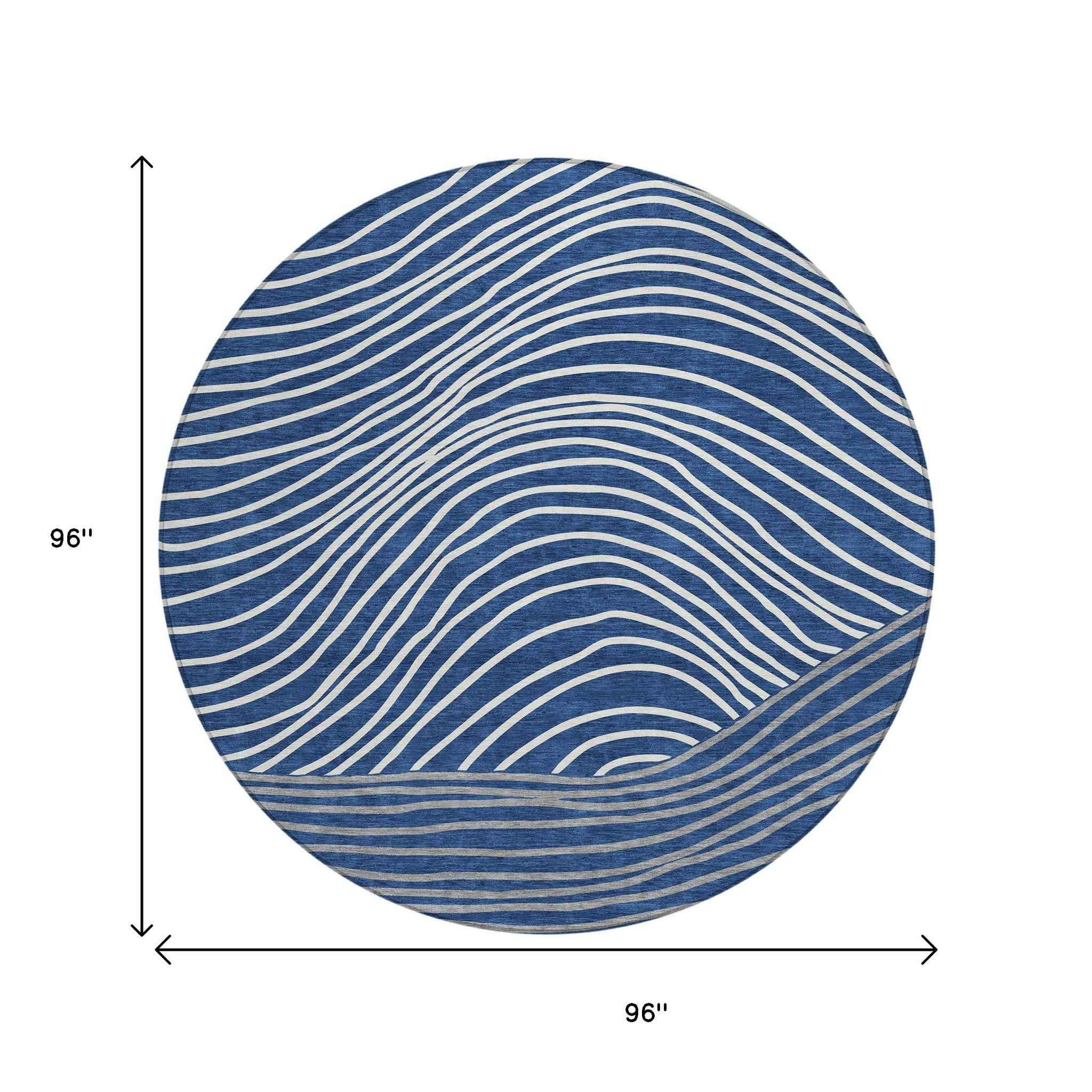 8' Navy Blue And Ivory Round Striped Washable Indoor Outdoor Area Rug