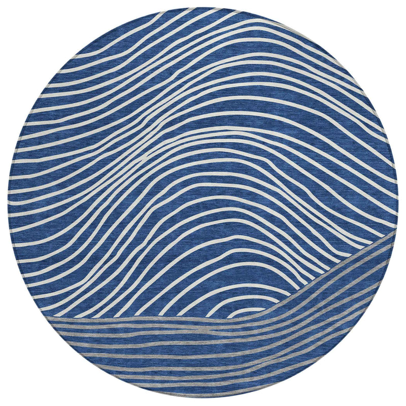 8' Navy Blue And Ivory Round Striped Washable Indoor Outdoor Area Rug