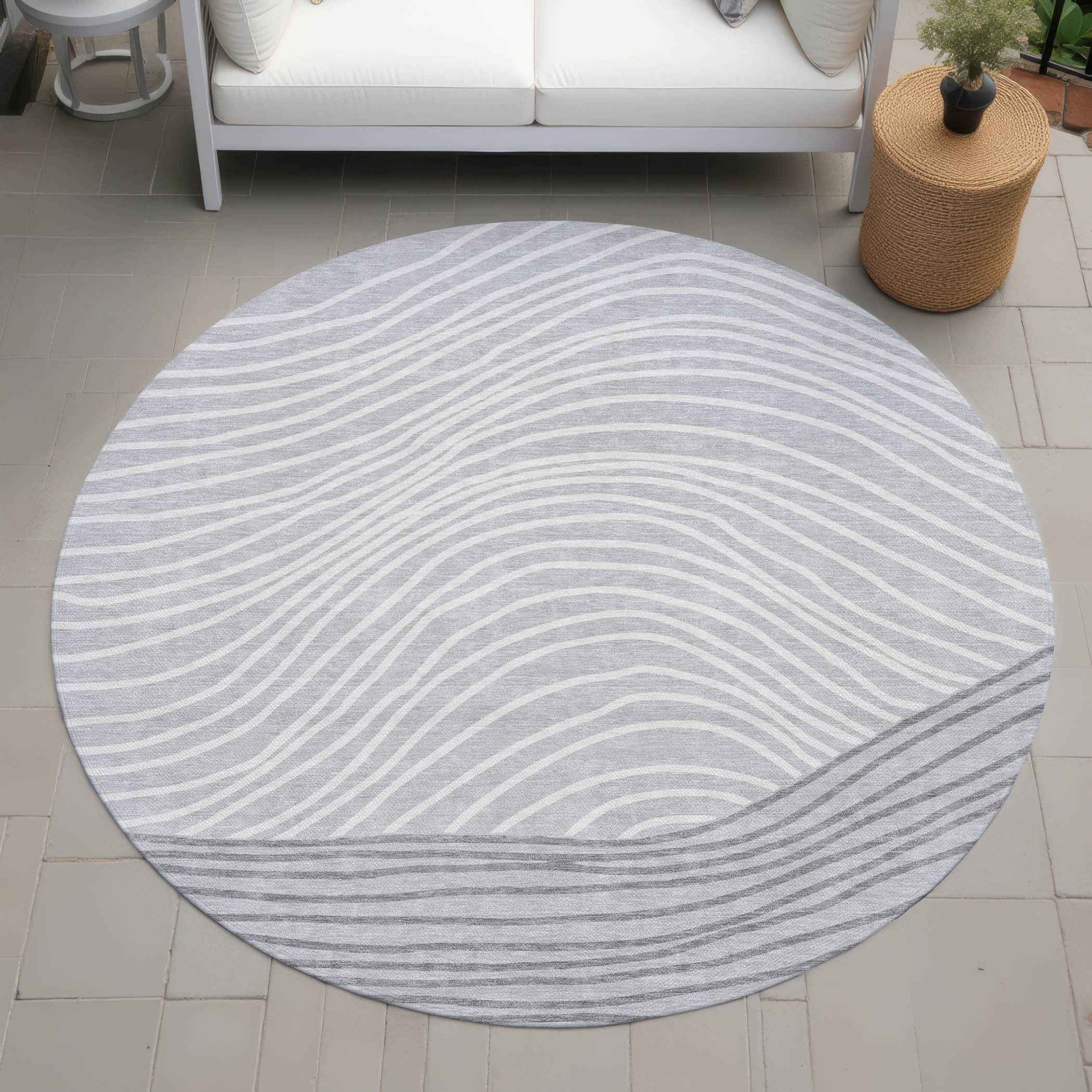 8' Gray And Ivory Round Striped Washable Indoor Outdoor Area Rug