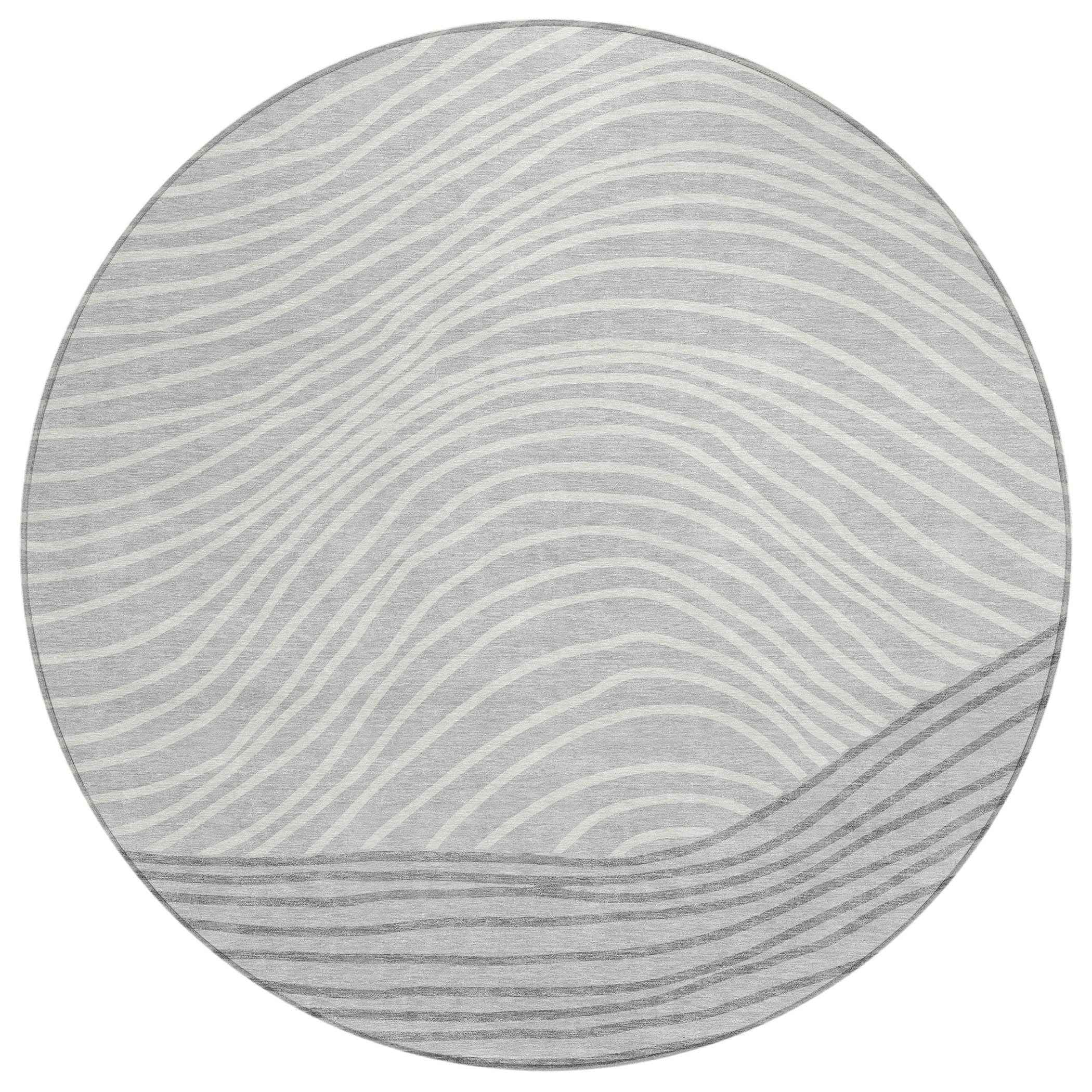 8' Gray And Ivory Round Striped Washable Indoor Outdoor Area Rug