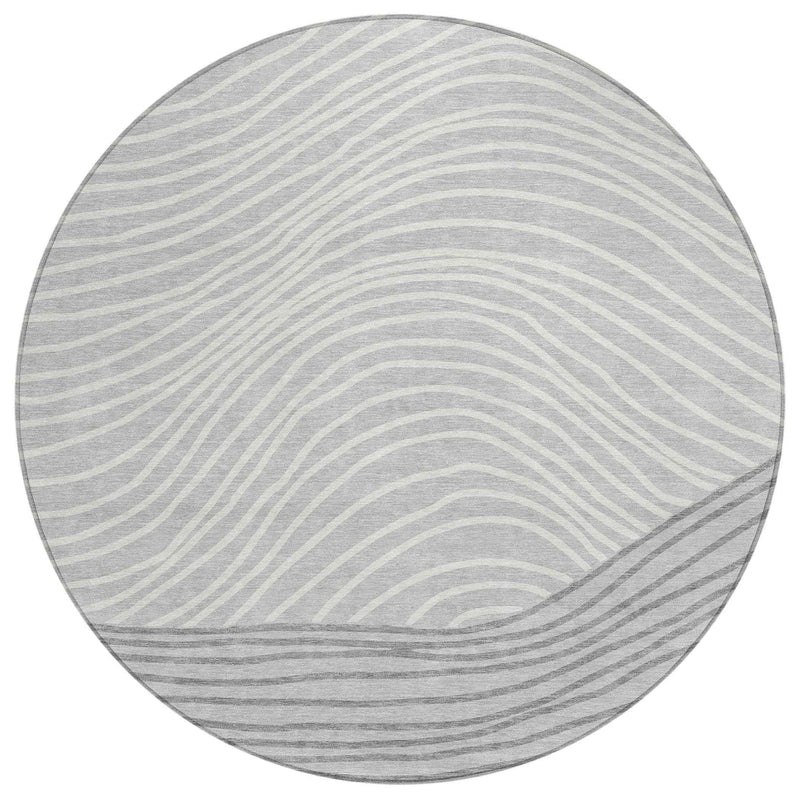 8' Gray And Ivory Round Striped Washable Indoor Outdoor Area Rug