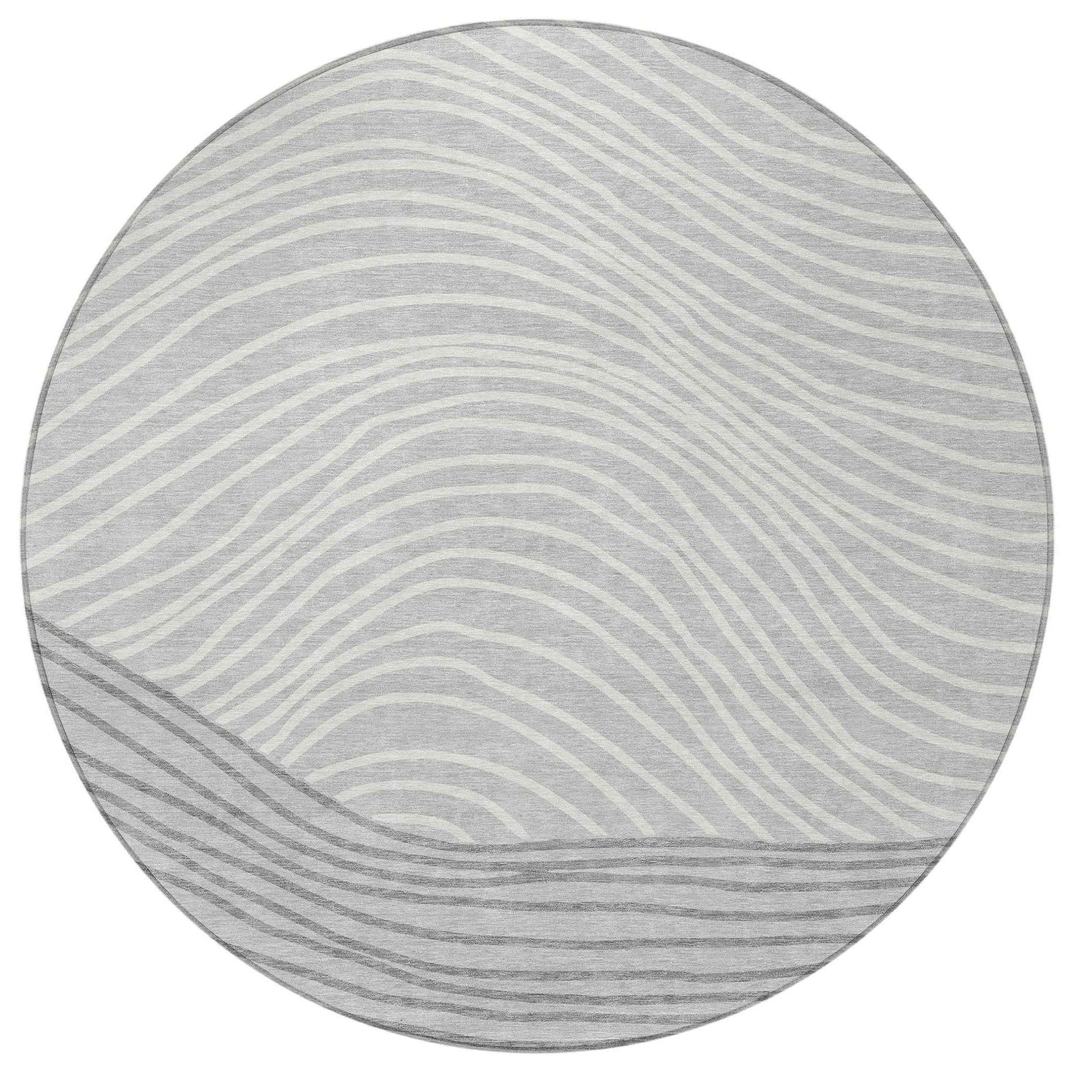 8' Gray And Ivory Round Striped Washable Indoor Outdoor Area Rug