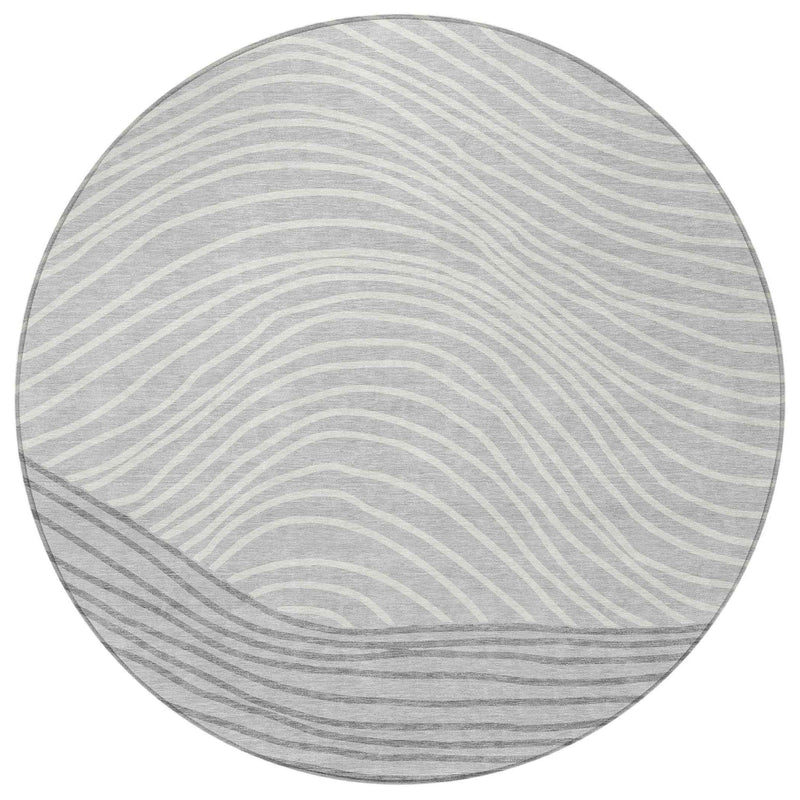 8' Gray And Ivory Round Striped Washable Indoor Outdoor Area Rug