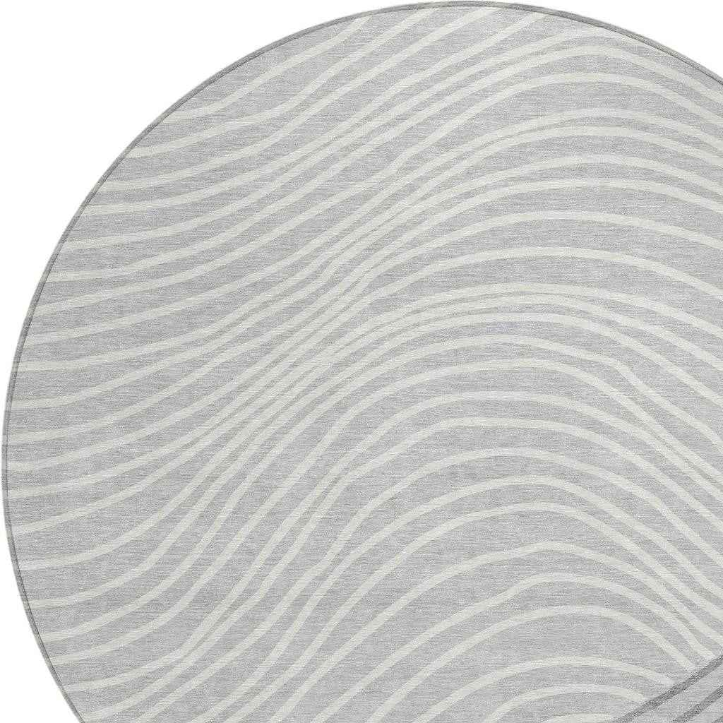 8' Gray And Ivory Round Striped Washable Indoor Outdoor Area Rug