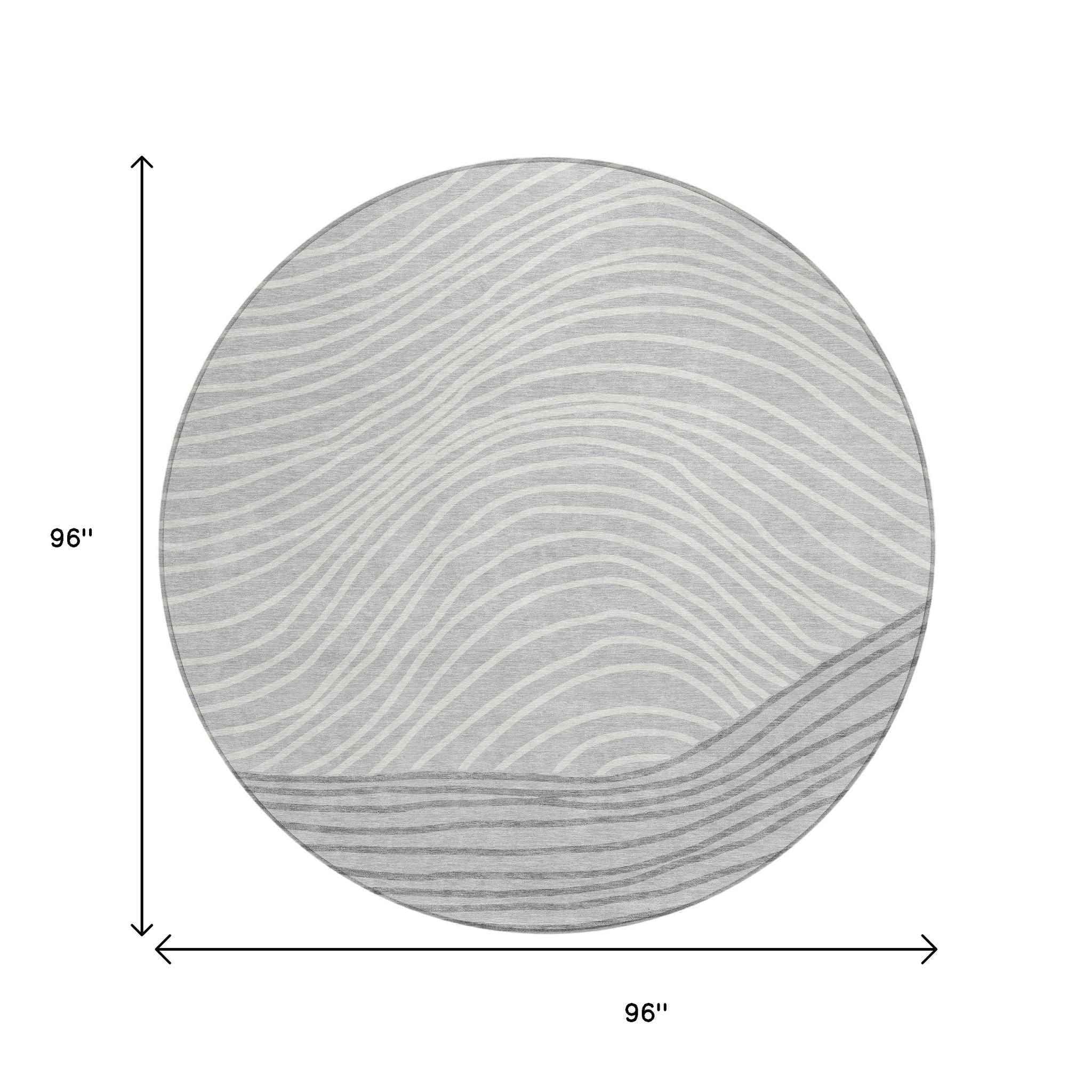 8' Gray And Ivory Round Striped Washable Indoor Outdoor Area Rug