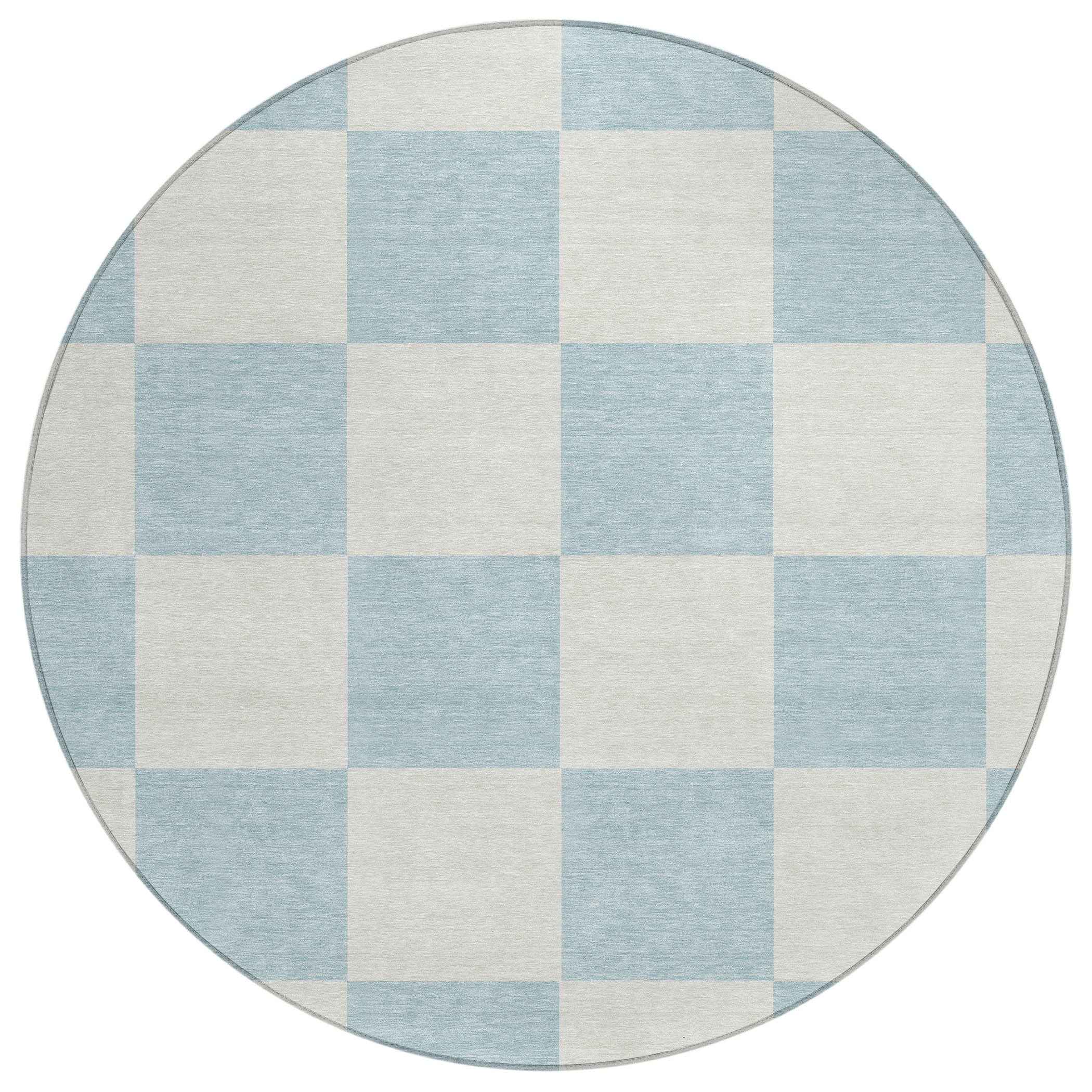8' Sky Blue And Ivory Round Geometric Washable Indoor Outdoor Area Rug