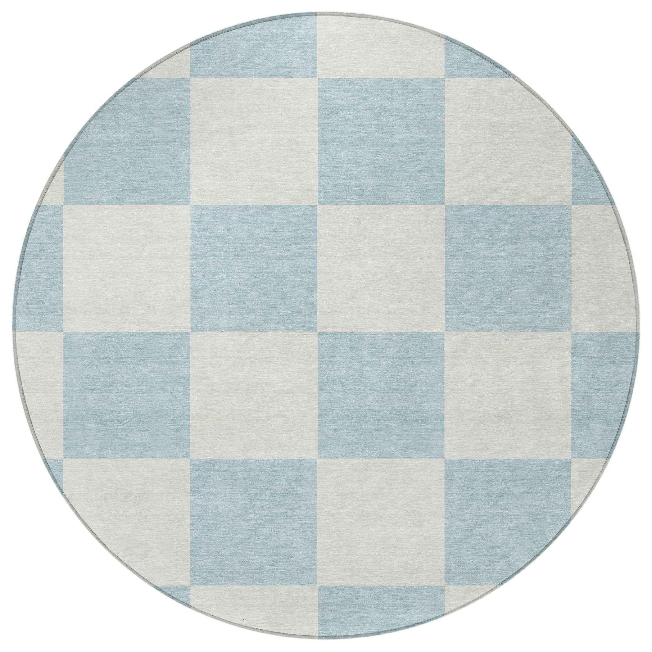 8' Sky Blue And Ivory Round Geometric Washable Indoor Outdoor Area Rug