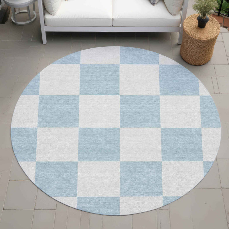 8' Sky Blue And Ivory Round Geometric Washable Indoor Outdoor Area Rug