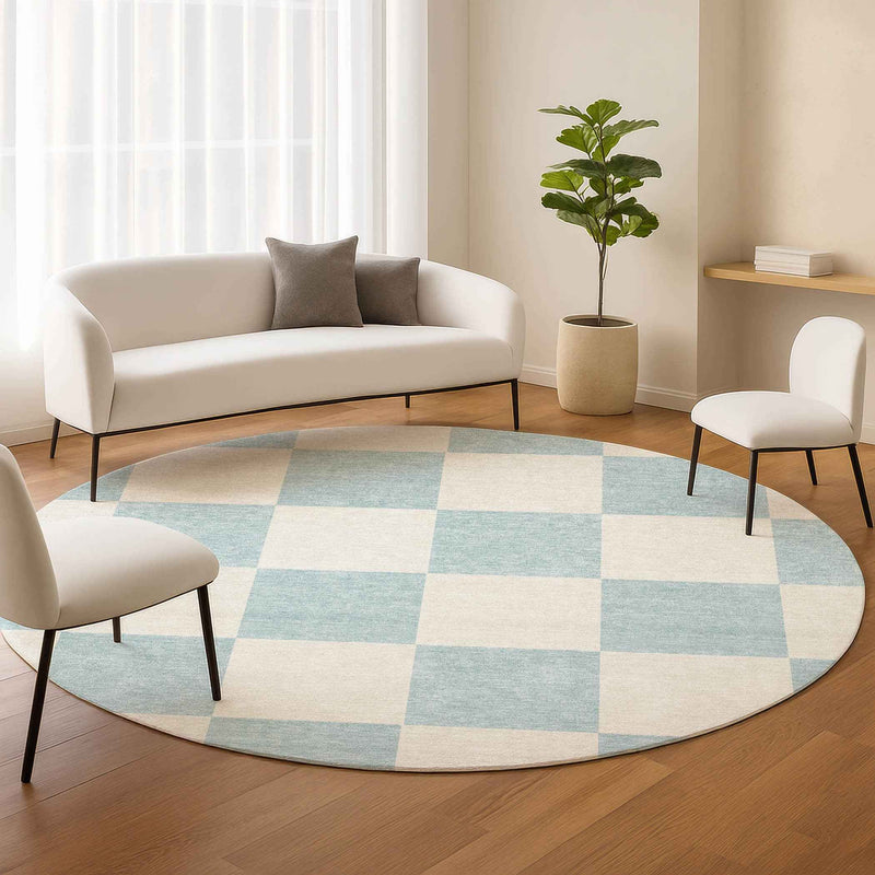 8' Sky Blue And Ivory Round Geometric Washable Indoor Outdoor Area Rug