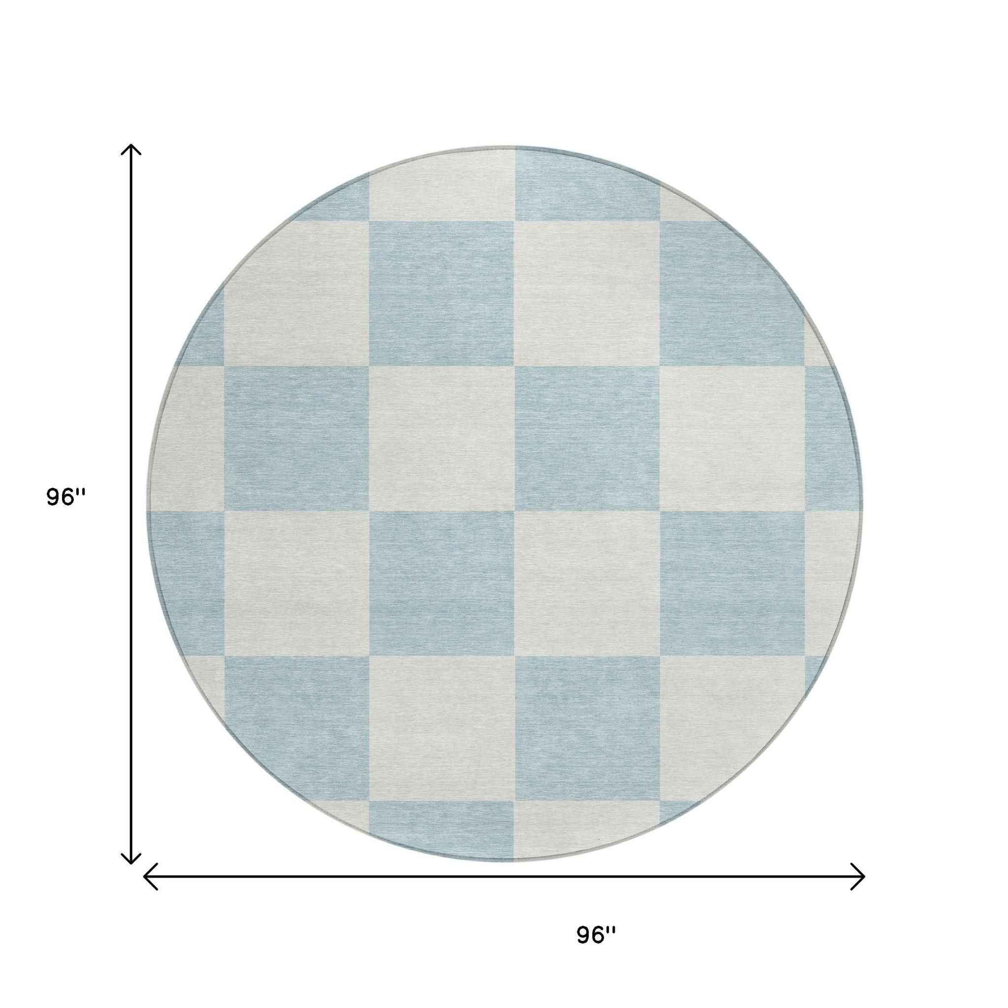 8' Sky Blue And Ivory Round Geometric Washable Indoor Outdoor Area Rug