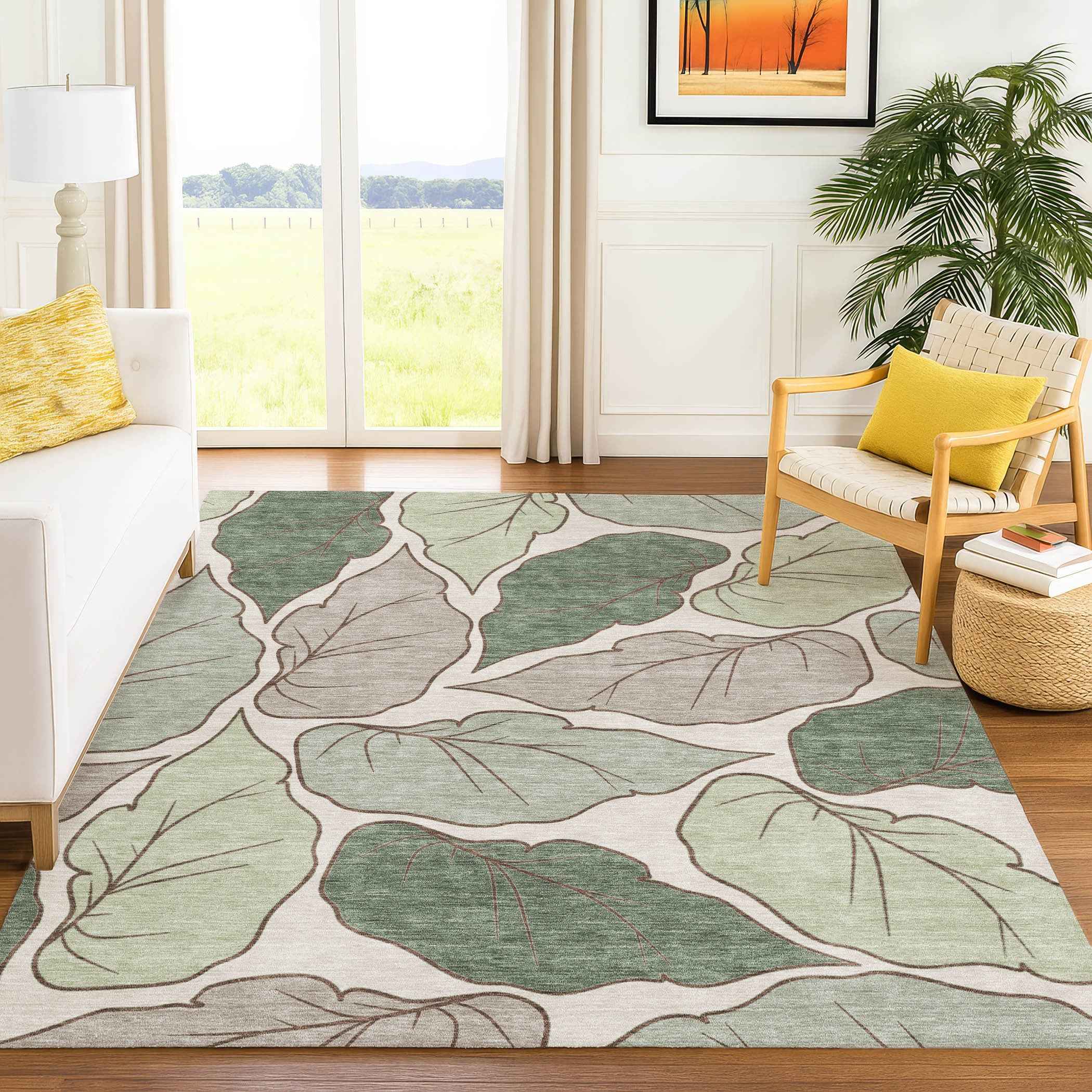 10' X 14' Fern Green And Ivory Botanical Leaves Washable Indoor Outdoor Area Rug