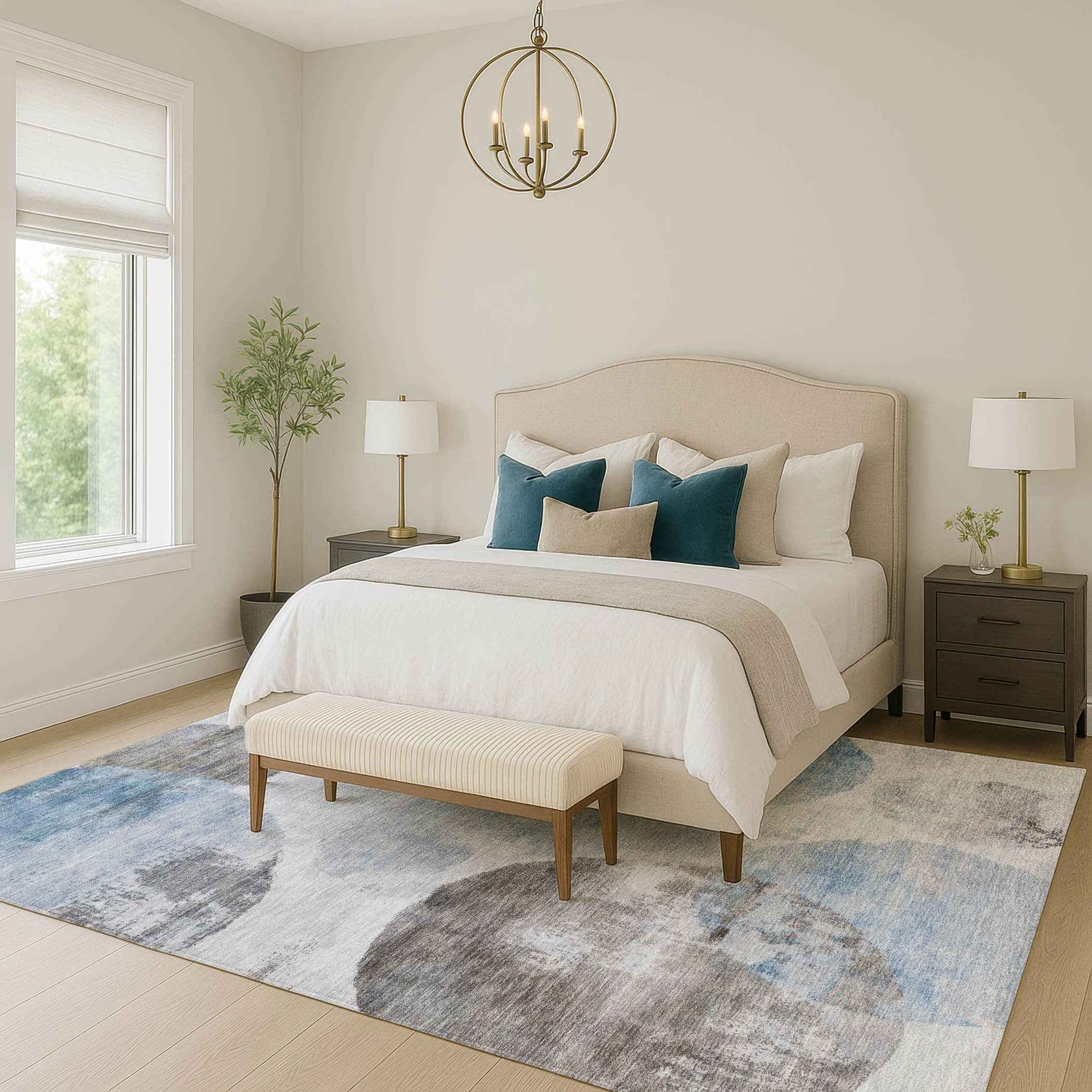 9' X 12' Denim Blue Taupe And Ivory Abstract Washable Indoor Outdoor Area Rug