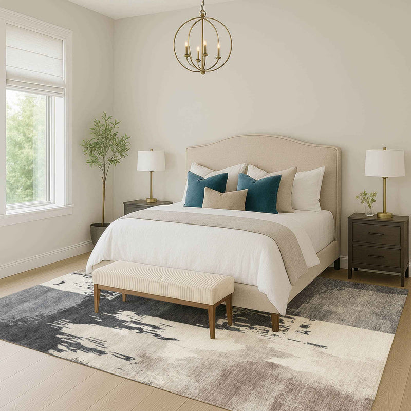 3' X 5' Charcoal Ivory And Beige Abstract Washable Indoor Outdoor Area Rug