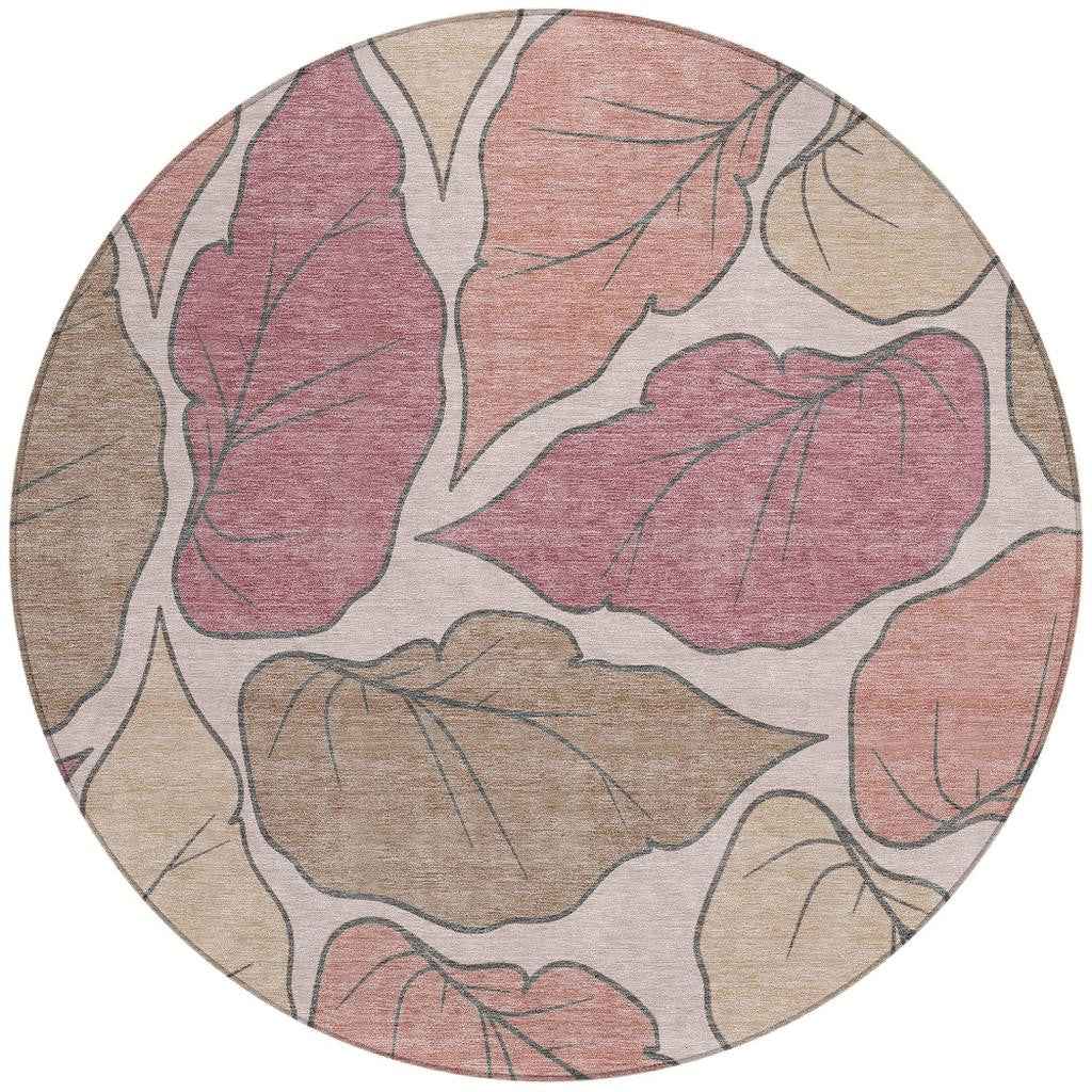 8' Blush And Ivory Round Botanical Leaves Washable Indoor Outdoor Area Rug Default Title