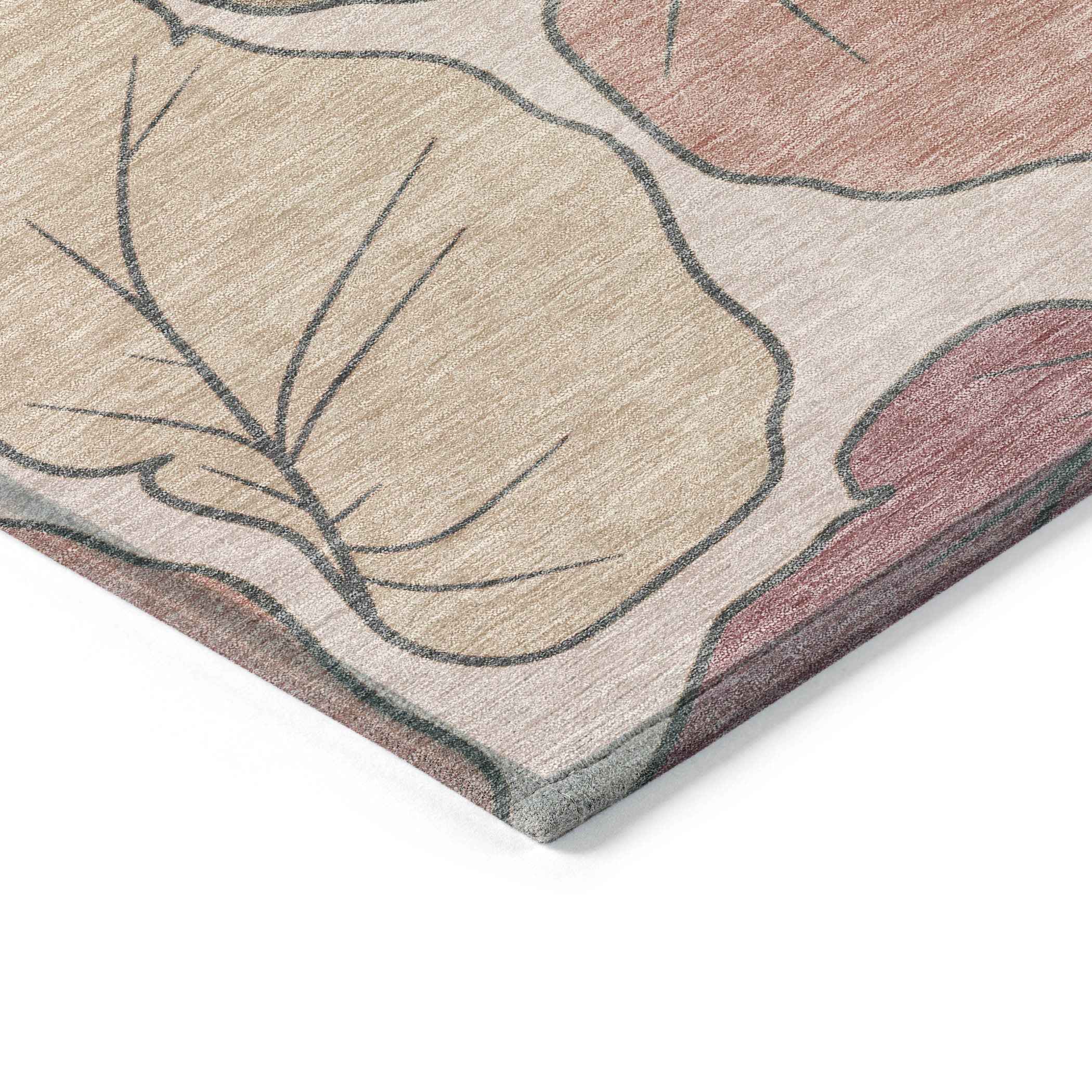 8' Blush And Ivory Round Botanical Leaves Washable Indoor Outdoor Area Rug