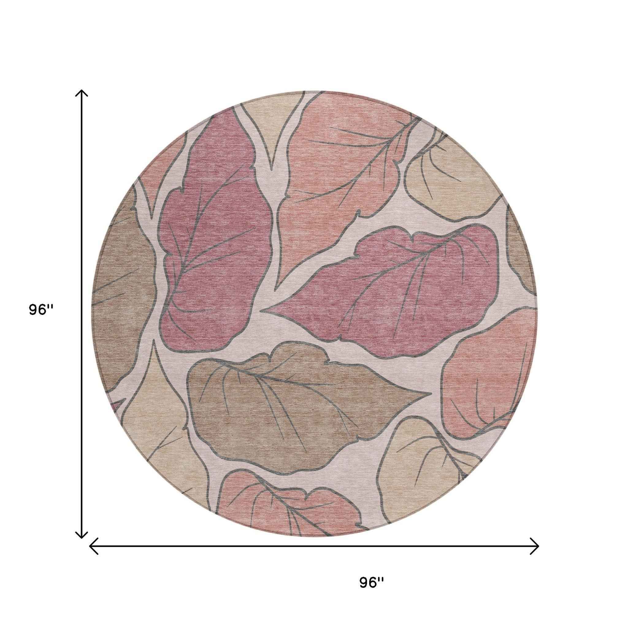 8' Blush And Ivory Round Botanical Leaves Washable Indoor Outdoor Area Rug