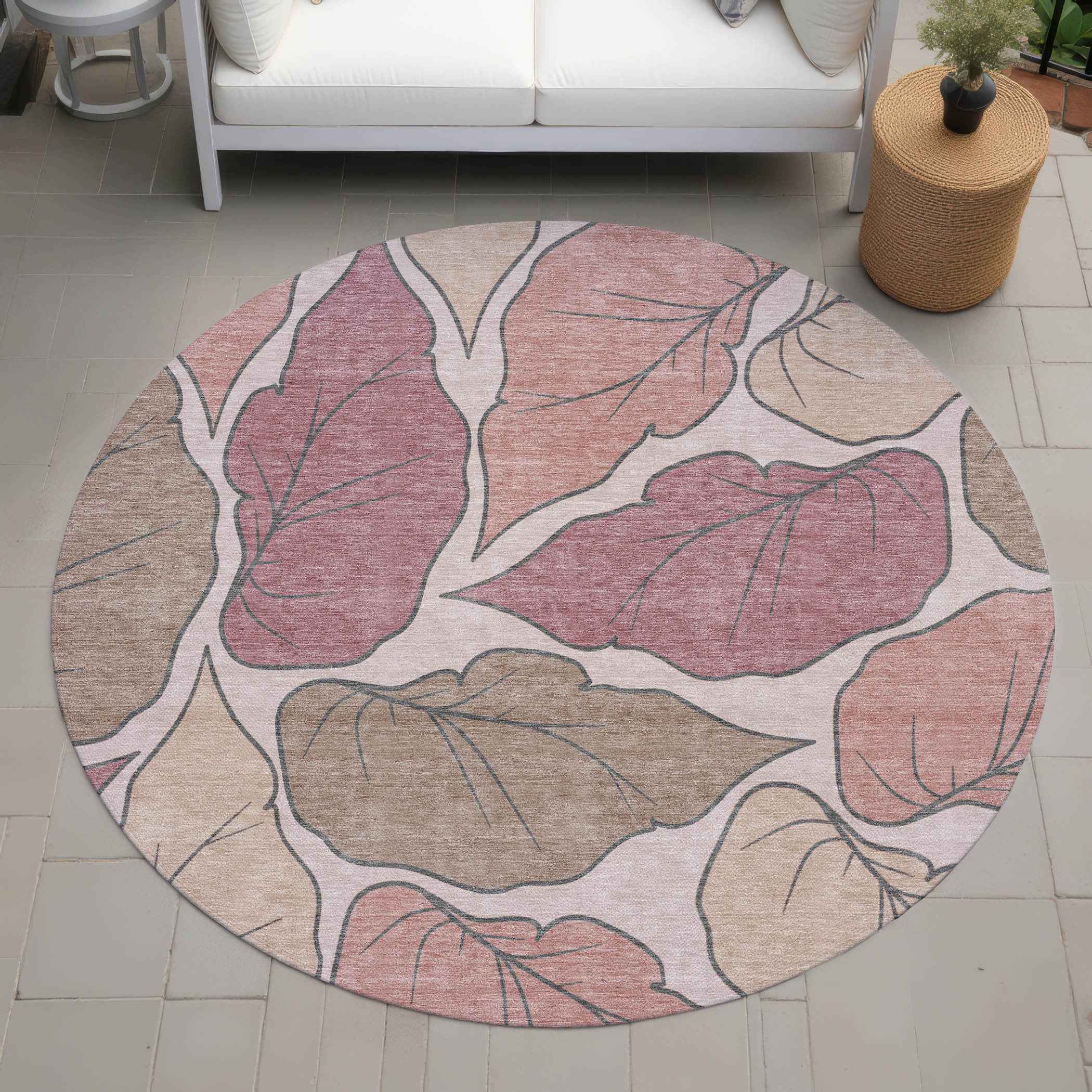 8' Blush And Ivory Round Botanical Leaves Washable Indoor Outdoor Area Rug