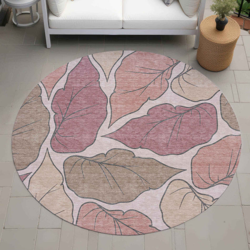 8' Blush And Ivory Round Botanical Leaves Washable Indoor Outdoor Area Rug