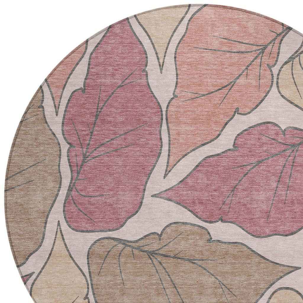 8' Blush And Ivory Round Botanical Leaves Washable Indoor Outdoor Area Rug