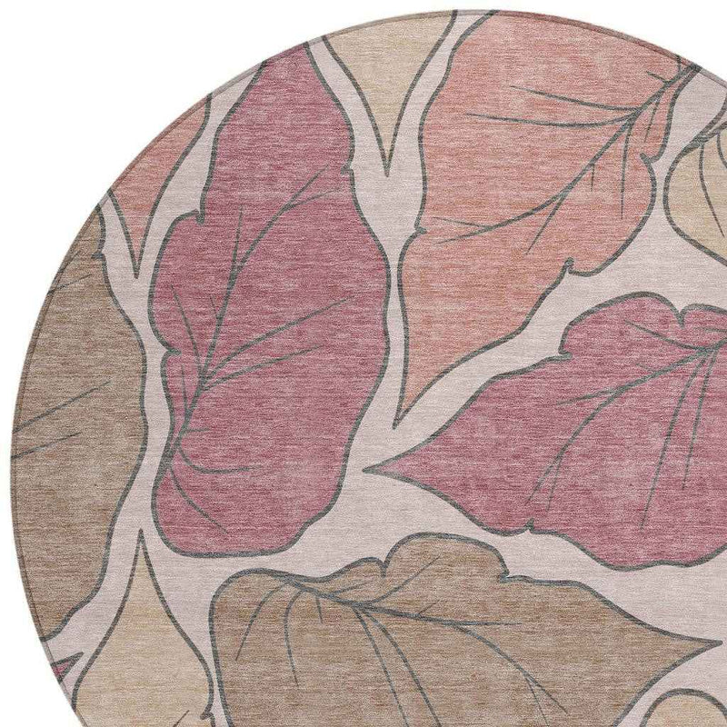 8' Blush And Ivory Round Botanical Leaves Washable Indoor Outdoor Area Rug
