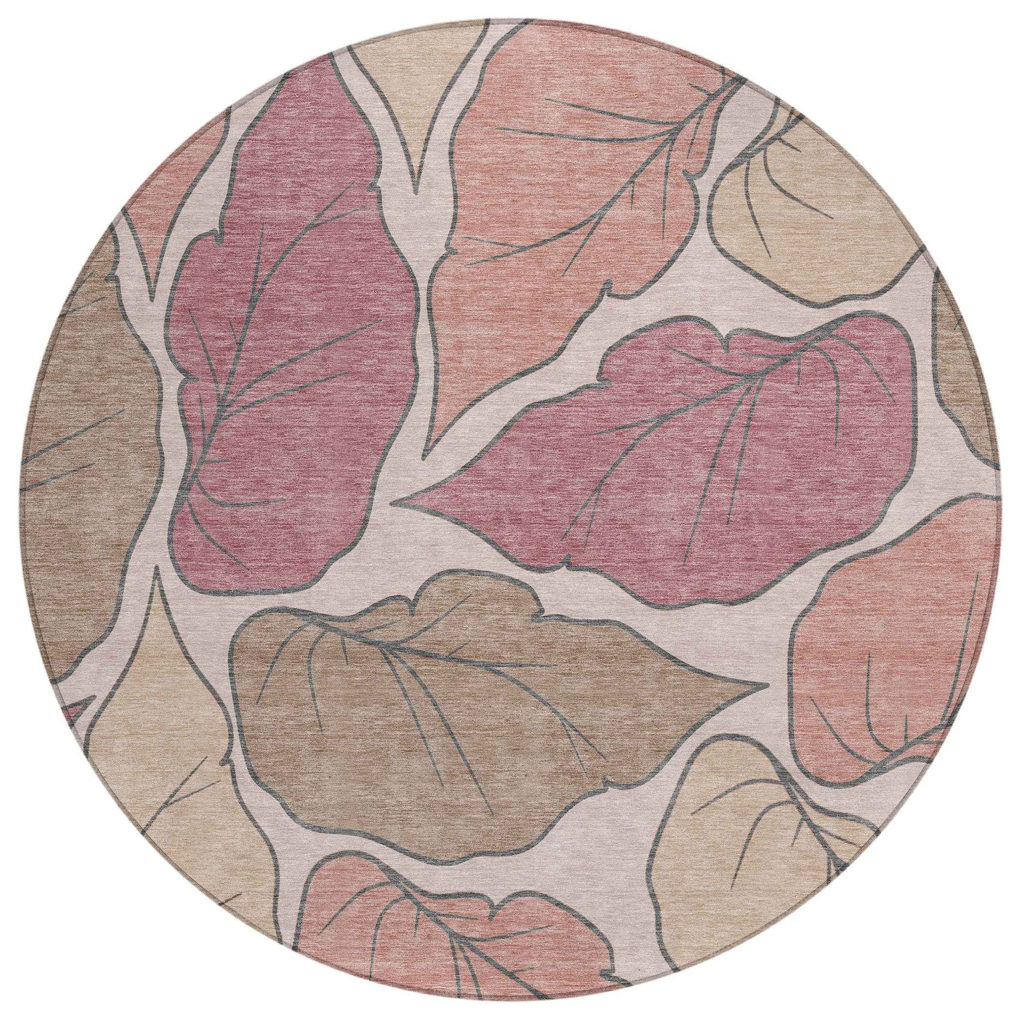 8' Blush And Ivory Round Botanical Leaves Washable Indoor Outdoor Area Rug