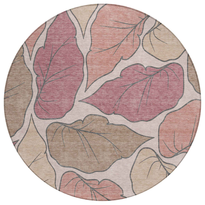 8' Blush And Ivory Round Botanical Leaves Washable Indoor Outdoor Area Rug
