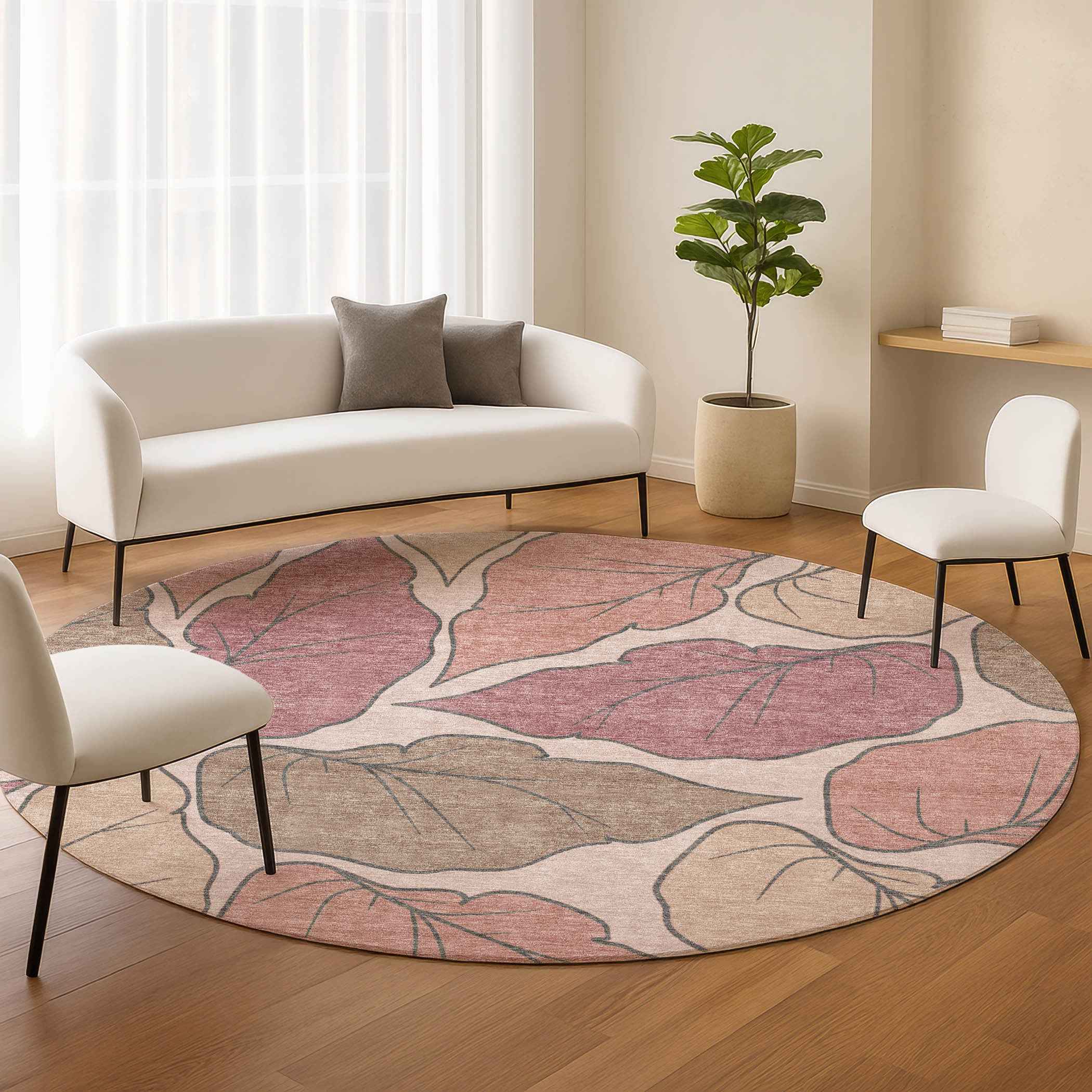 8' Blush And Ivory Round Botanical Leaves Washable Indoor Outdoor Area Rug