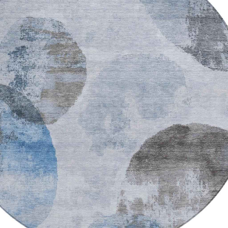 8' Denim Blue Taupe And Ivory Round Abstract Washable Indoor Outdoor Area Rug