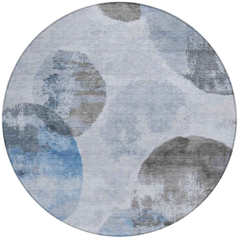 8' Denim Blue Taupe And Ivory Round Abstract Washable Indoor Outdoor Area Rug
