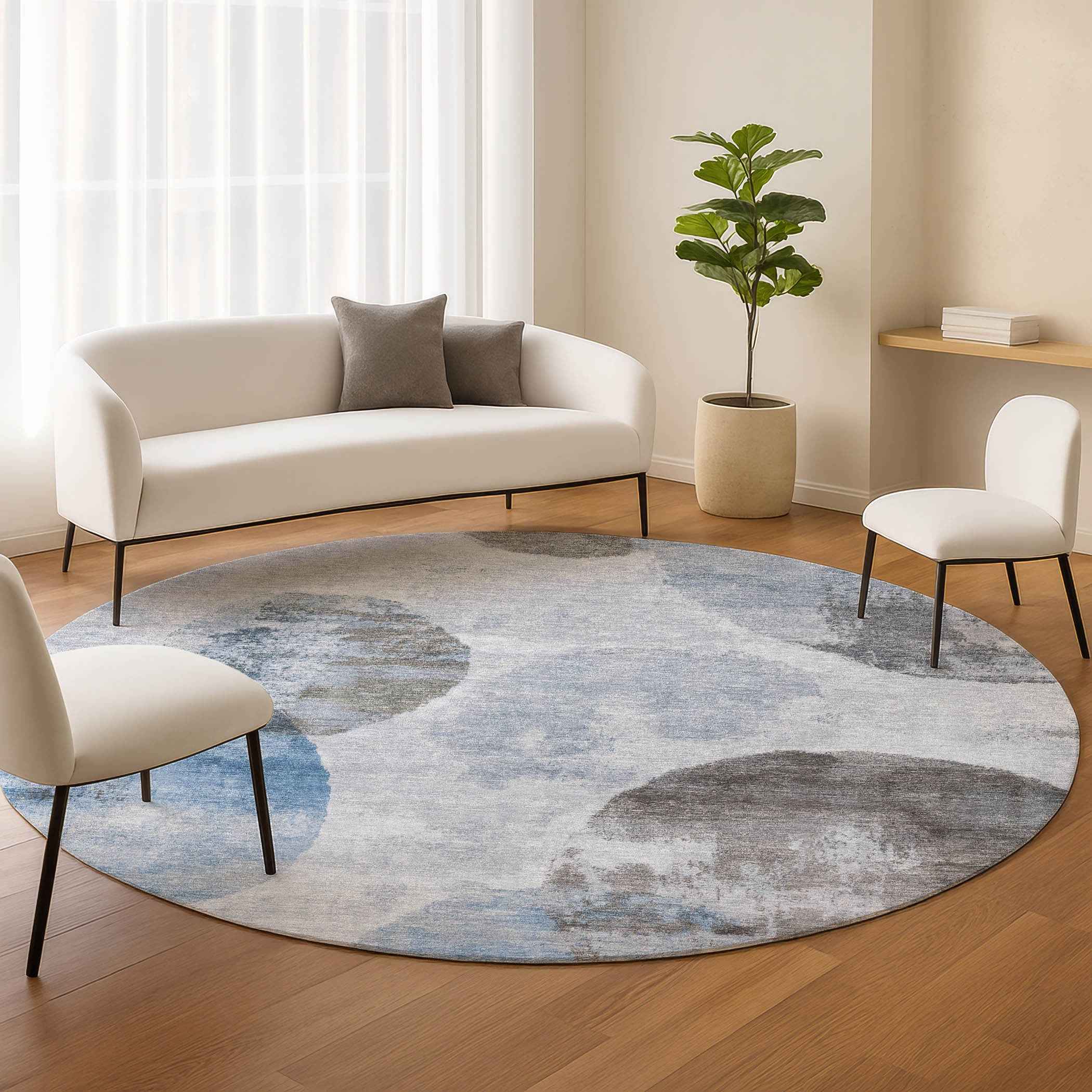 8' Denim Blue Taupe And Ivory Round Abstract Washable Indoor Outdoor Area Rug