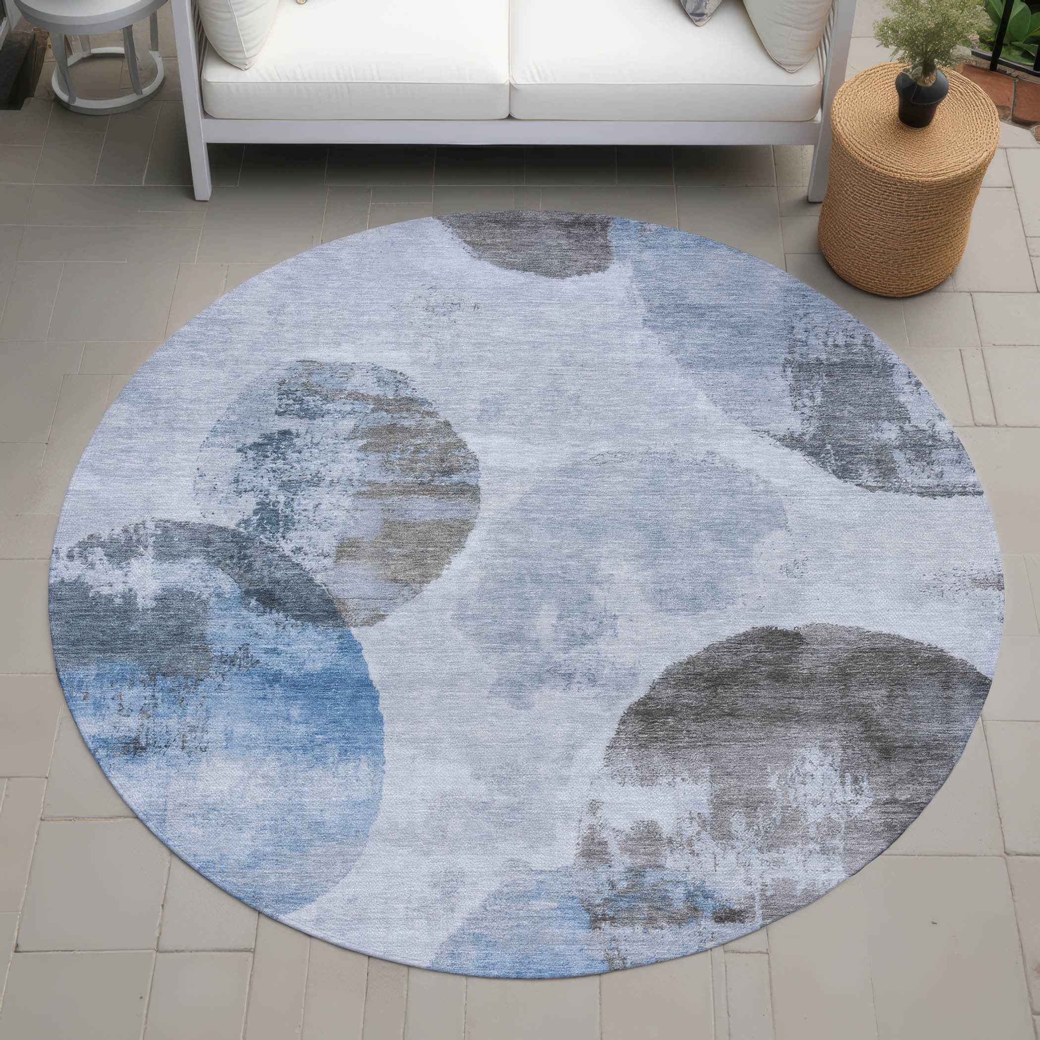 8' Denim Blue Taupe And Ivory Round Abstract Washable Indoor Outdoor Area Rug