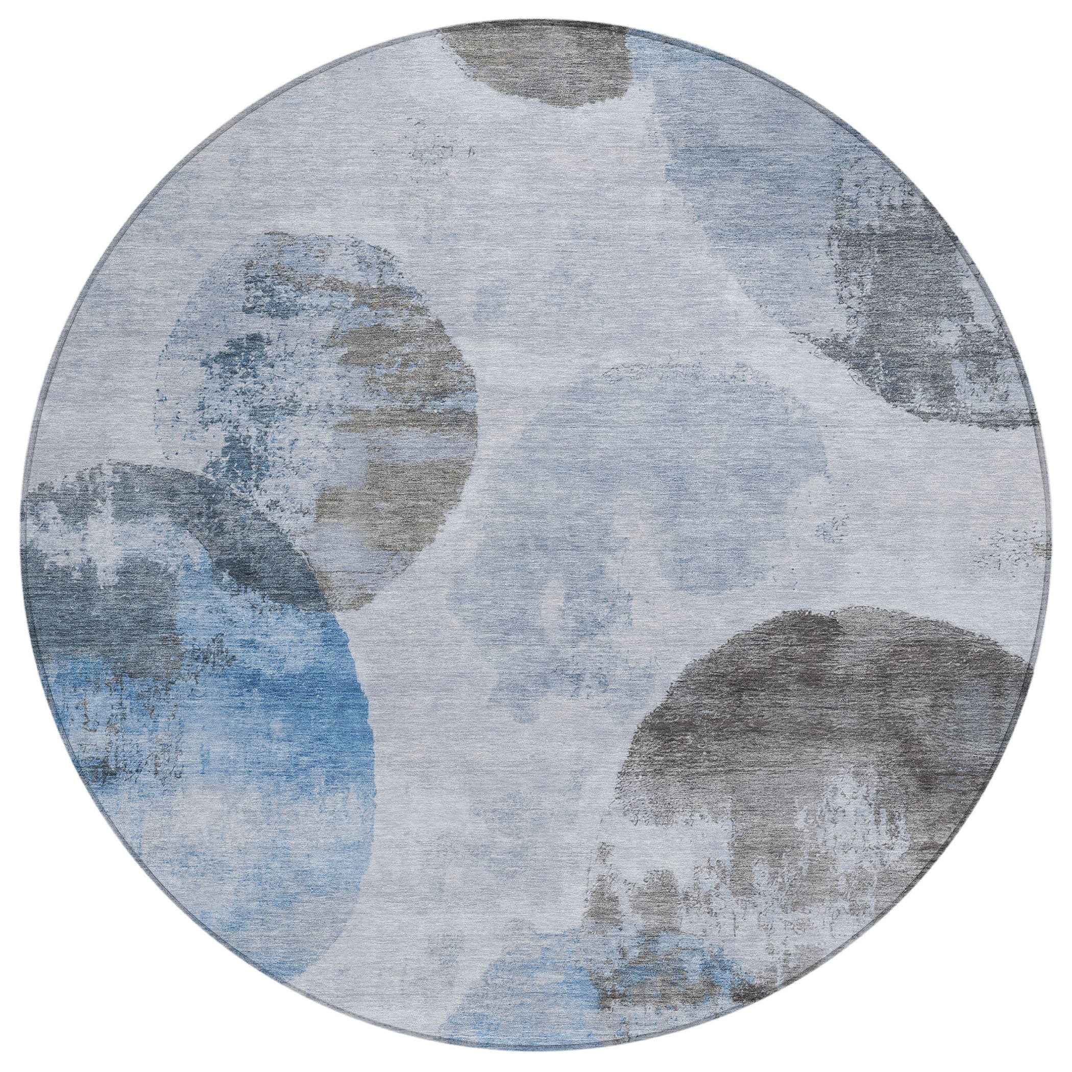 8' Denim Blue Taupe And Ivory Round Abstract Washable Indoor Outdoor Area Rug