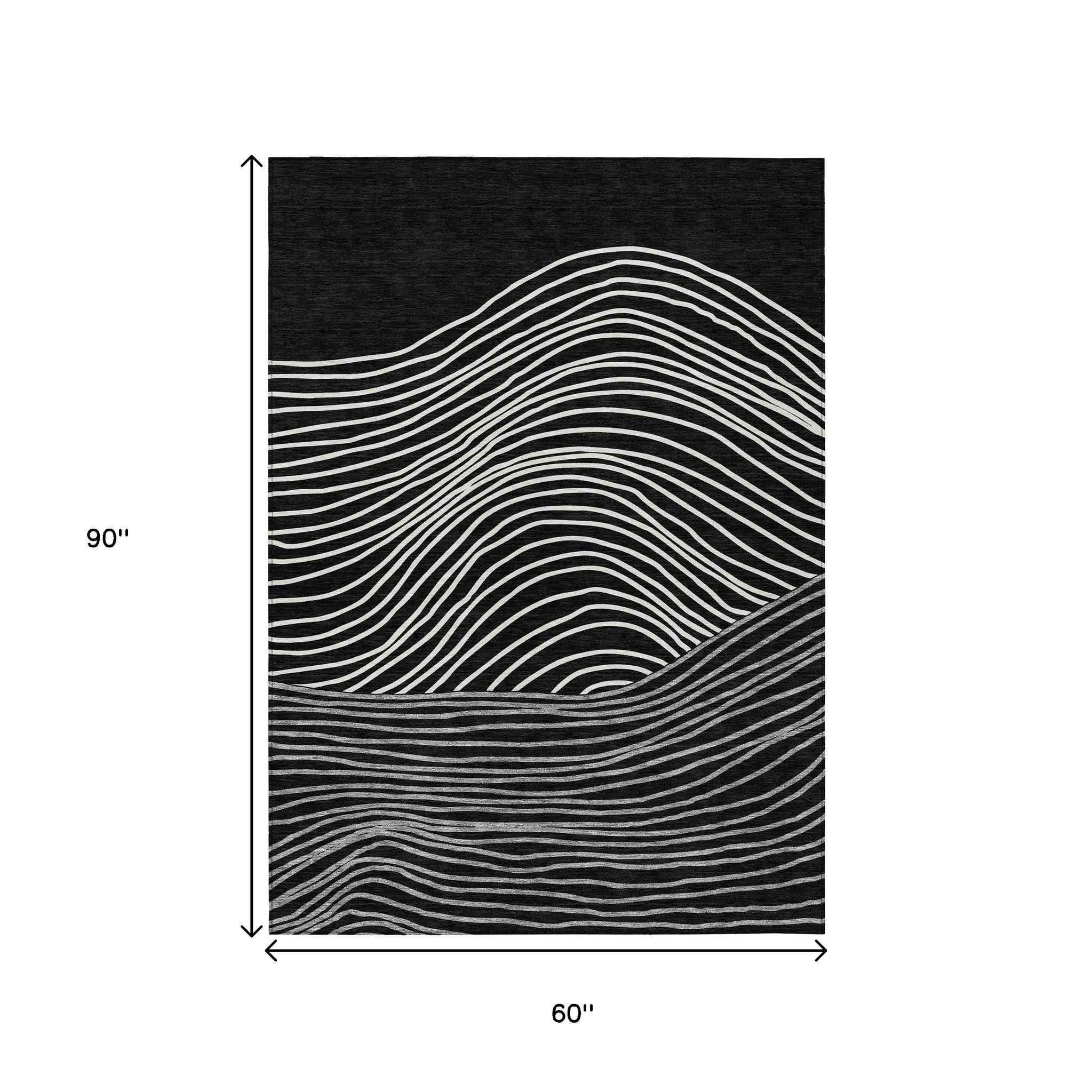 5' X 8' Black Ivory And Gray Striped Washable Indoor Outdoor Area Rug